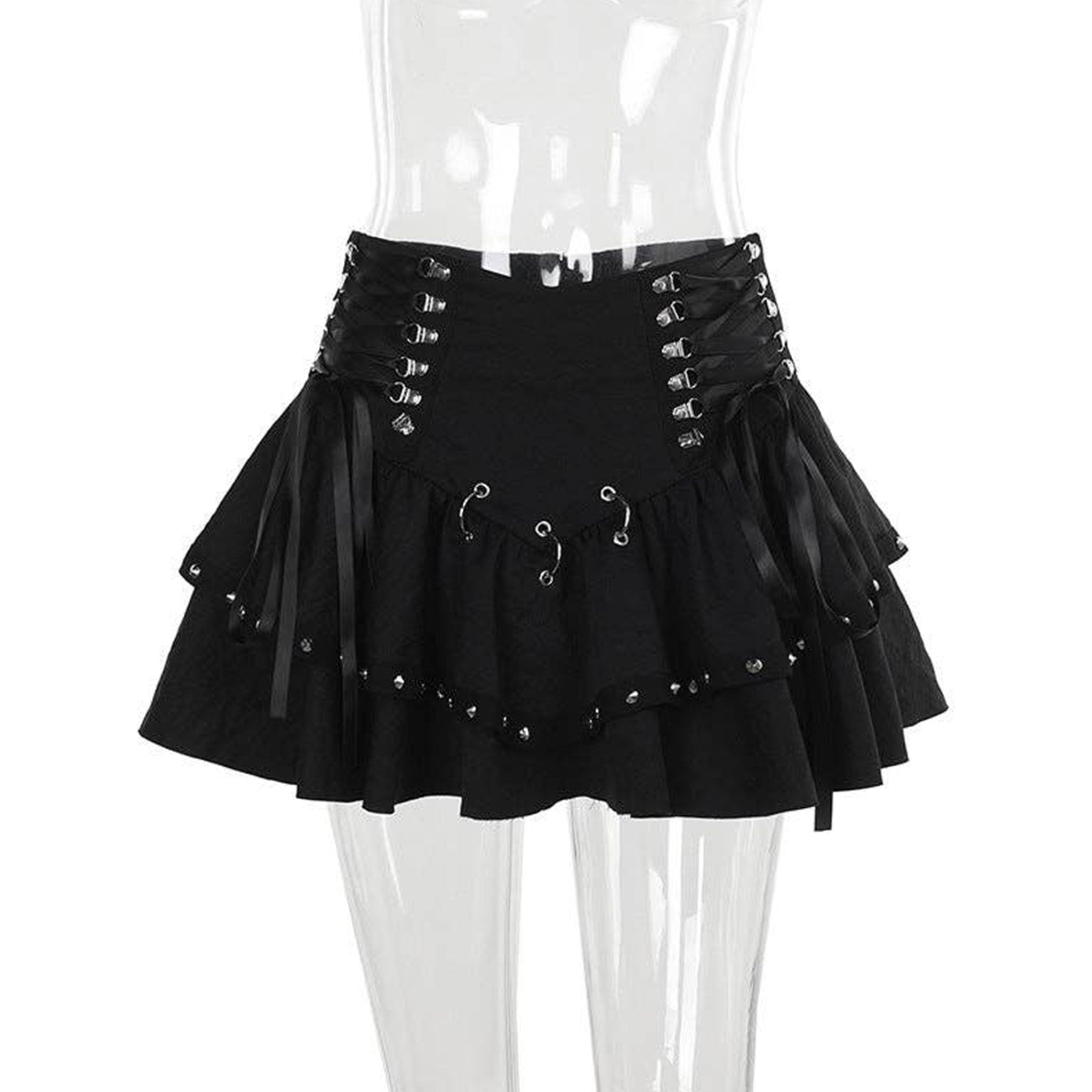 Polyester satin-ribbon apparel bottoms skirt mini-skirt short-skirt tennis-skirt a-line bodycon ruffled-hem high-waist o-ring hinged d-ring lightweight breathable comfortable zipper back-zip hidden-zip adjustable side-cinch stand-out bold sexy chic soft flowing flirty elegant fitted dark whimsical fairytale fashion alt-fashion alternative punk goth gothic goth-doll steampunk grunge emo harajuku e-girl casual spooky streetwear party rave raver-babe costume cosplay halloween female femme feminine womens black