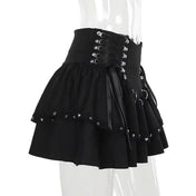 Polyester satin-ribbon apparel bottoms skirt mini-skirt short-skirt tennis-skirt a-line bodycon ruffled-hem high-waist o-ring hinged d-ring lightweight breathable comfortable zipper back-zip hidden-zip adjustable side-cinch stand-out bold sexy chic soft flowing flirty elegant fitted dark whimsical fairytale fashion alt-fashion alternative punk goth gothic goth-doll steampunk grunge emo harajuku e-girl casual spooky streetwear party rave raver-babe costume cosplay halloween female femme feminine womens black
