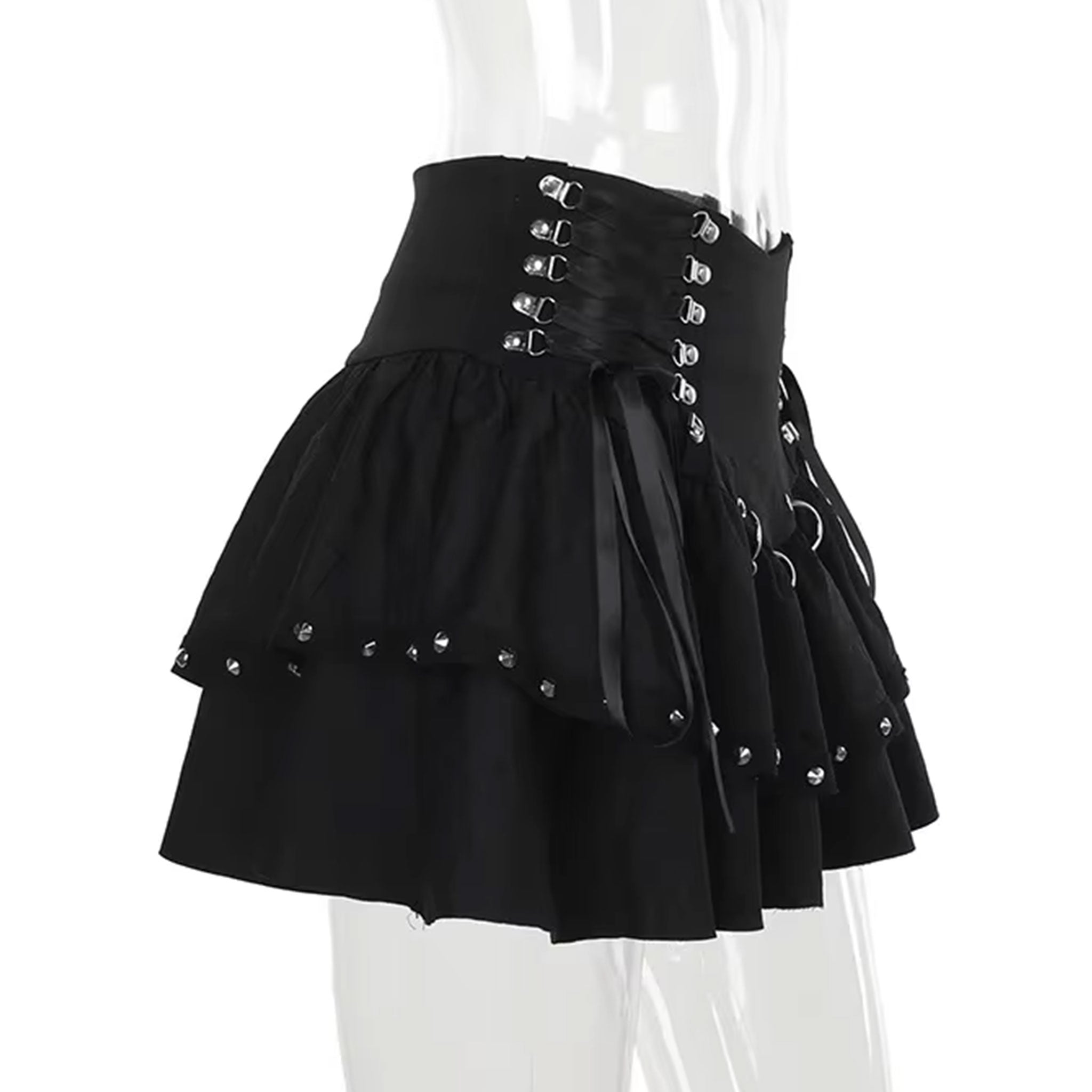 Polyester satin-ribbon apparel bottoms skirt mini-skirt short-skirt tennis-skirt a-line bodycon ruffled-hem high-waist o-ring hinged d-ring lightweight breathable comfortable zipper back-zip hidden-zip adjustable side-cinch stand-out bold sexy chic soft flowing flirty elegant fitted dark whimsical fairytale fashion alt-fashion alternative punk goth gothic goth-doll steampunk grunge emo harajuku e-girl casual spooky streetwear party rave raver-babe costume cosplay halloween female femme feminine womens black