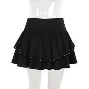 Polyester satin-ribbon apparel bottoms skirt mini-skirt short-skirt tennis-skirt a-line bodycon ruffled-hem high-waist o-ring hinged d-ring lightweight breathable comfortable zipper back-zip hidden-zip adjustable side-cinch stand-out bold sexy chic soft flowing flirty elegant fitted dark whimsical fairytale fashion alt-fashion alternative punk goth gothic goth-doll steampunk grunge emo harajuku e-girl casual spooky streetwear party rave raver-babe costume cosplay halloween female femme feminine womens black