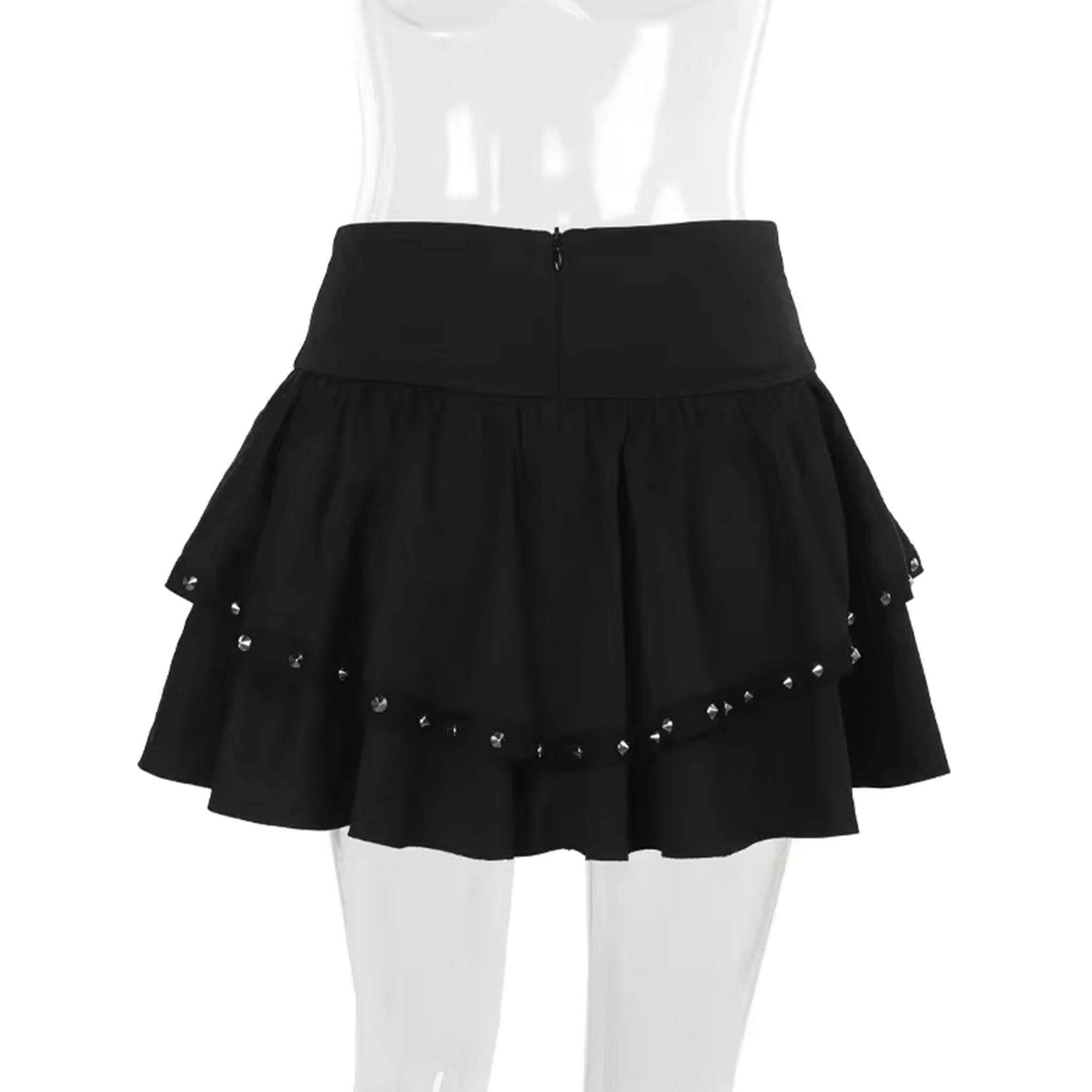 Polyester satin-ribbon apparel bottoms skirt mini-skirt short-skirt tennis-skirt a-line bodycon ruffled-hem high-waist o-ring hinged d-ring lightweight breathable comfortable zipper back-zip hidden-zip adjustable side-cinch stand-out bold sexy chic soft flowing flirty elegant fitted dark whimsical fairytale fashion alt-fashion alternative punk goth gothic goth-doll steampunk grunge emo harajuku e-girl casual spooky streetwear party rave raver-babe costume cosplay halloween female femme feminine womens black