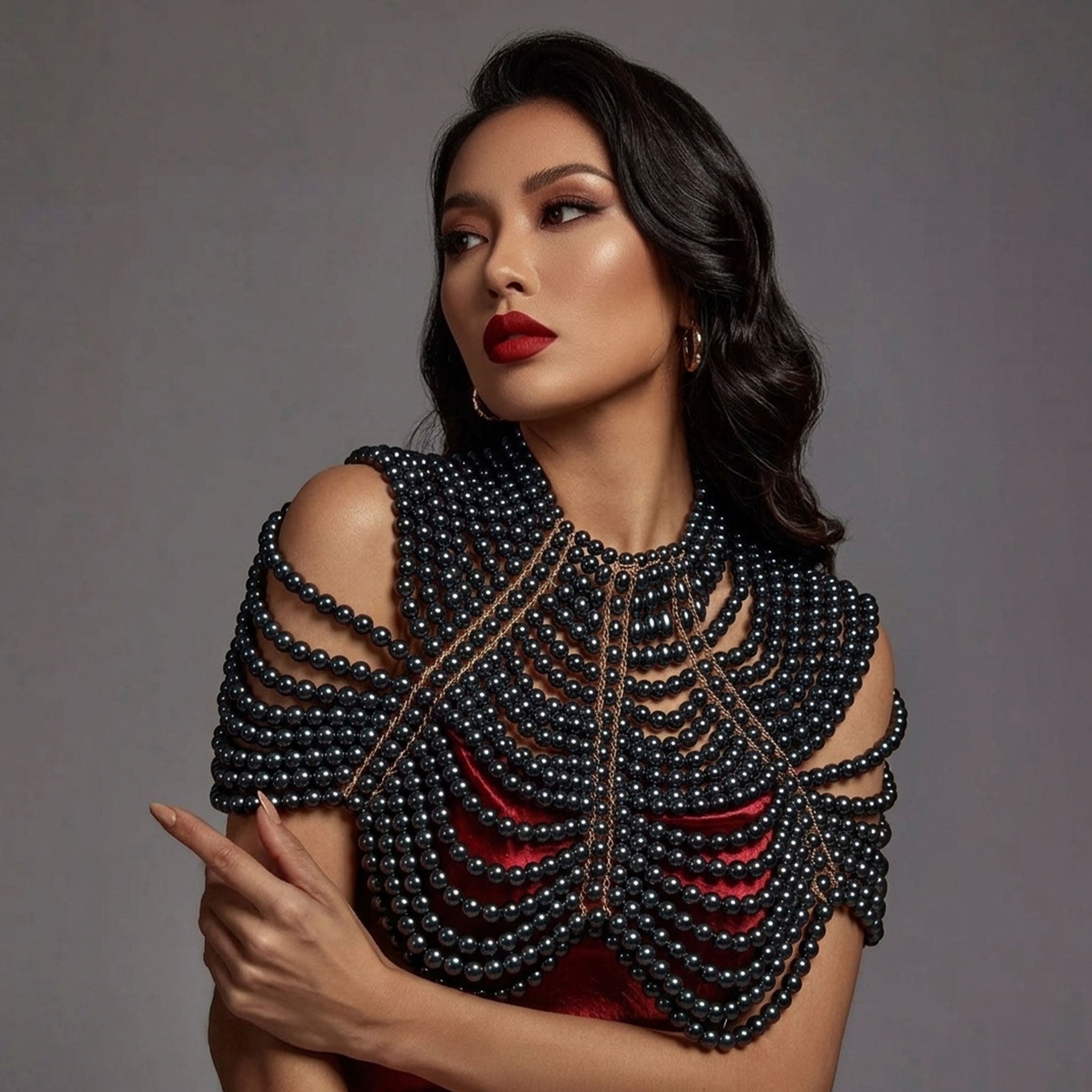 Pearl pearl-strands metallic-chain accessories jewelry body-jewelry top chain-top body-chain bolero bolero-style collar high-collar adjustable slack-chain back-closure neck-closure lobster-clasp open-back peek-a-book peekaboo elegant sensual sensory fashion alt-fashion fancy classy costume cosplay halloween valentines gift female femme feminine womens black