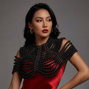 Pearl pearl-strands metallic-chain accessories jewelry body-jewelry top chain-top body-chain bolero bolero-style collar high-collar adjustable slack-chain back-closure neck-closure lobster-clasp open-back peek-a-book peekaboo elegant sensual sensory fashion alt-fashion fancy classy costume cosplay halloween valentines gift female femme feminine womens black