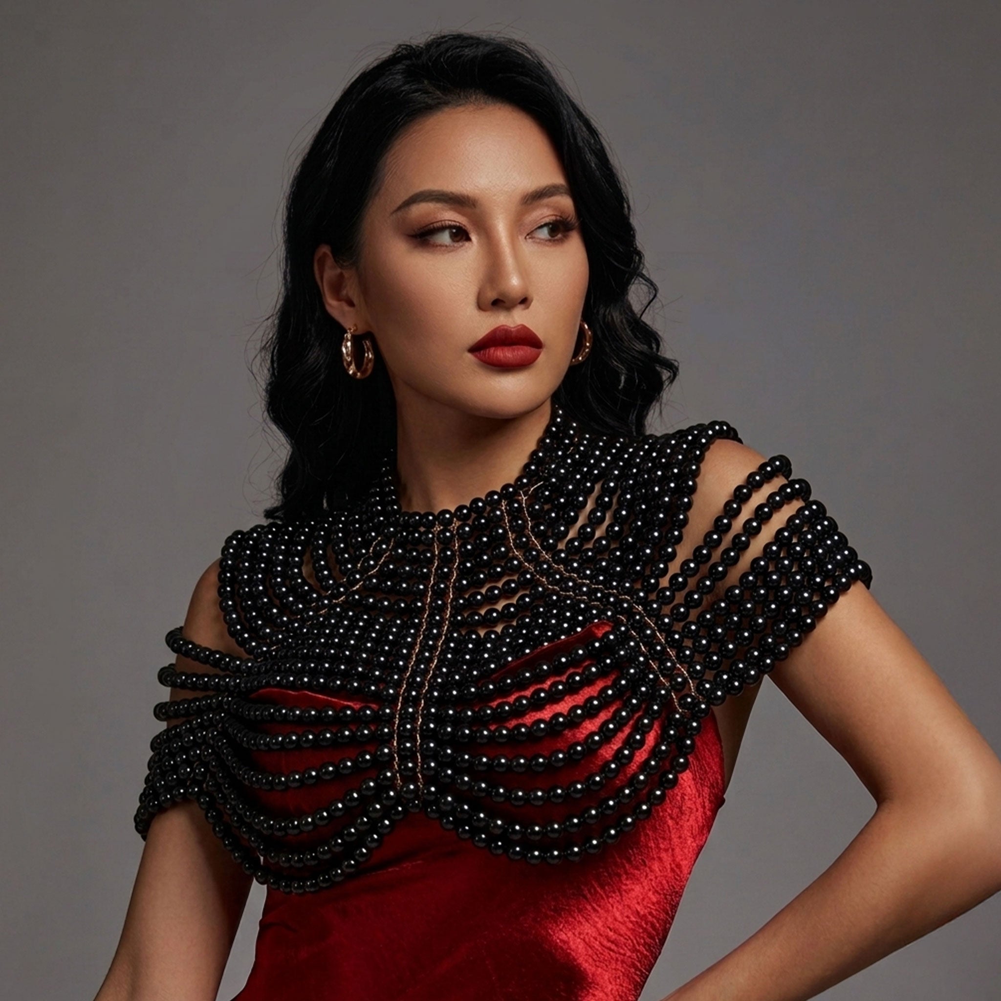 Pearl pearl-strands metallic-chain accessories jewelry body-jewelry top chain-top body-chain bolero bolero-style collar high-collar adjustable slack-chain back-closure neck-closure lobster-clasp open-back peek-a-book peekaboo elegant sensual sensory fashion alt-fashion fancy classy costume cosplay halloween valentines gift female femme feminine womens black