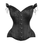 Satin polyester cotton-twill twill-lining apparel top corset cincher overbust over-bust fullbust full-bust sweetheart-neckline sweetheart shoulder-straps front busk busk-closure back-lacing lace-up boning steel-boning spiral-steel flat-steel ribbon waist-tape hip-gore adjustable modesty-panel fetish fashion alt-fashion goth gothic goth-doll retro costume cosplay halloween female femme feminine women black