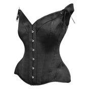Satin polyester cotton-twill twill-lining apparel top corset cincher overbust over-bust fullbust full-bust sweetheart-neckline sweetheart shoulder-straps front busk busk-closure back-lacing lace-up boning steel-boning spiral-steel flat-steel ribbon waist-tape hip-gore adjustable modesty-panel fetish fashion alt-fashion goth gothic goth-doll retro costume cosplay halloween female femme feminine women black