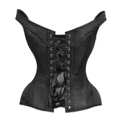 Satin polyester cotton-twill twill-lining apparel top corset cincher overbust over-bust fullbust full-bust sweetheart-neckline sweetheart shoulder-straps front busk busk-closure back-lacing lace-up boning steel-boning spiral-steel flat-steel ribbon waist-tape hip-gore adjustable modesty-panel fetish fashion alt-fashion goth gothic goth-doll retro costume cosplay halloween female femme feminine women black
