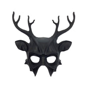 Plastic molded-plastic accessories headgear head-gear mask half-face sculpted horns horned deer-horns antlers deer-antlers branching pointed-ears voodoo matte-finish matte elastic-band t-shape animal-play goth gothic ancient magical primal striking elegance elegant eerie enchantment enchanting dramatic costume cosplay Halloween ritualistic ritual ritual-inspired fantasy masquerade masquerade-ball party unisex black