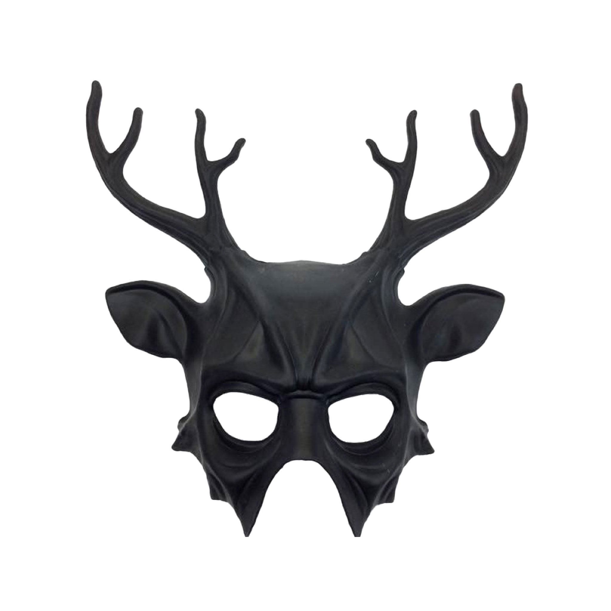 Plastic molded-plastic accessories headgear head-gear mask half-face sculpted horns horned deer-horns antlers deer-antlers branching pointed-ears voodoo matte-finish matte elastic-band t-shape animal-play goth gothic ancient magical primal striking elegance elegant eerie enchantment enchanting dramatic costume cosplay Halloween ritualistic ritual ritual-inspired fantasy masquerade masquerade-ball party unisex black