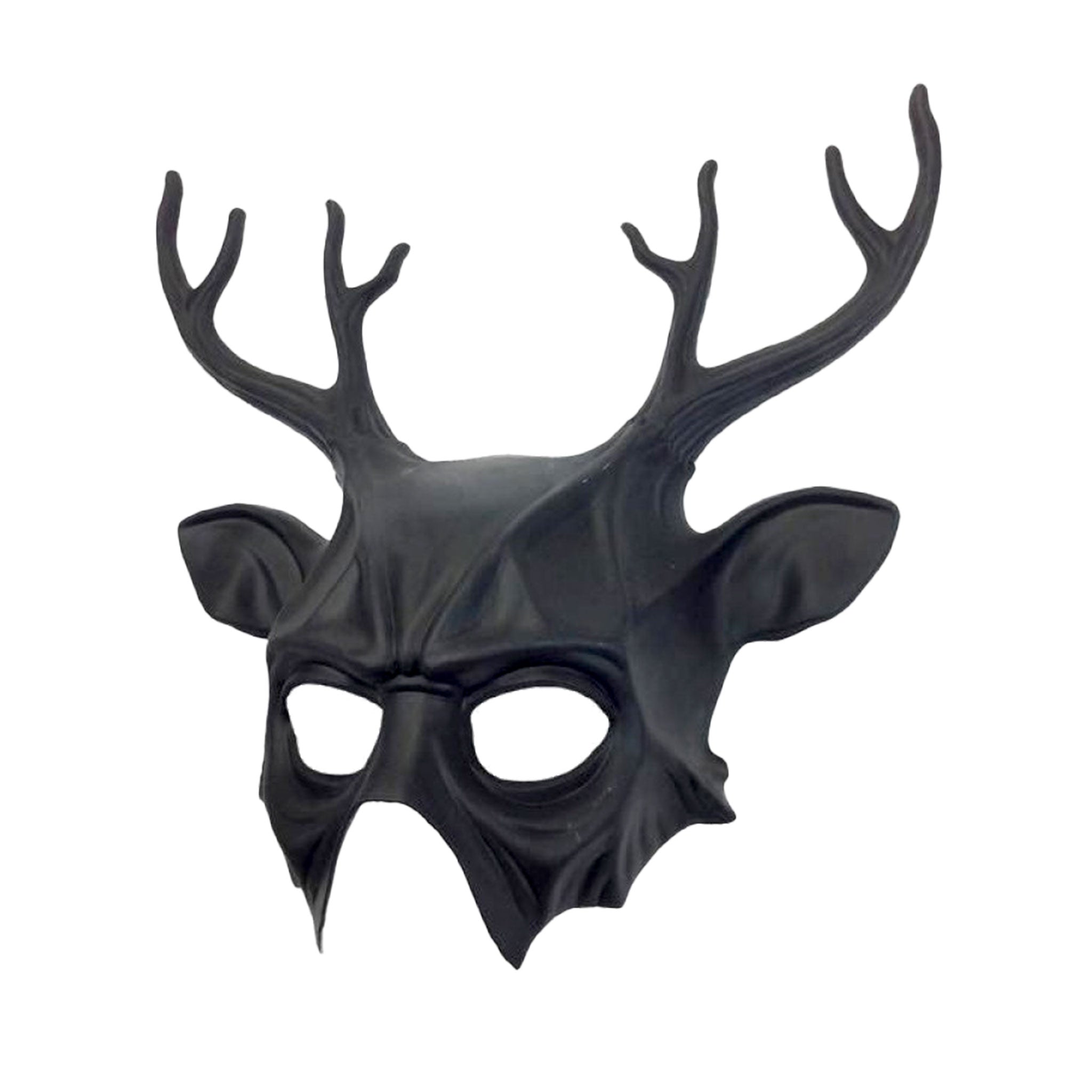 Plastic molded-plastic accessories headgear head-gear mask half-face sculpted horns horned deer-horns antlers deer-antlers branching pointed-ears voodoo matte-finish matte elastic-band t-shape animal-play goth gothic ancient magical primal striking elegance elegant eerie enchantment enchanting dramatic costume cosplay Halloween ritualistic ritual ritual-inspired fantasy masquerade masquerade-ball party unisex black