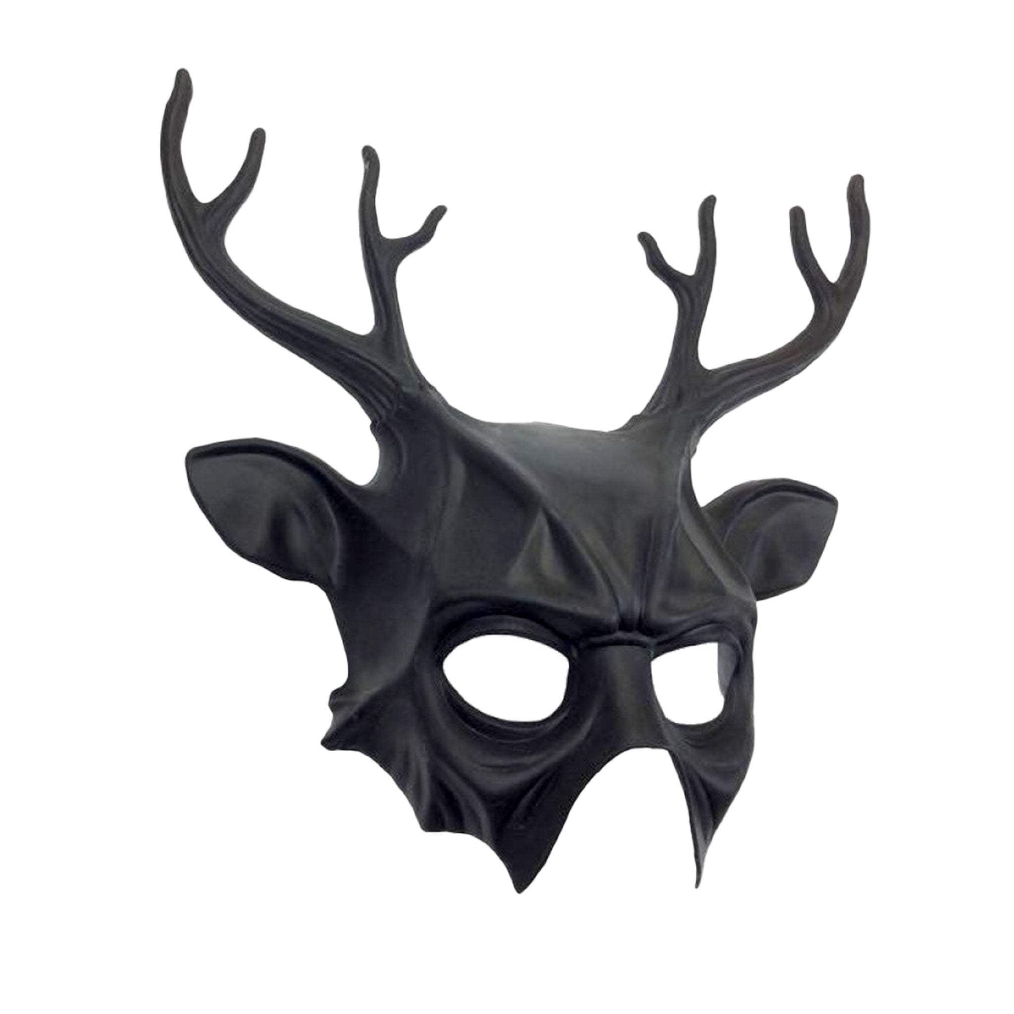 Plastic molded-plastic accessories headgear head-gear mask half-face sculpted horns horned deer-horns antlers deer-antlers branching pointed-ears voodoo matte-finish matte elastic-band t-shape animal-play goth gothic ancient magical primal striking elegance elegant eerie enchantment enchanting dramatic costume cosplay Halloween ritualistic ritual ritual-inspired fantasy masquerade masquerade-ball party unisex black