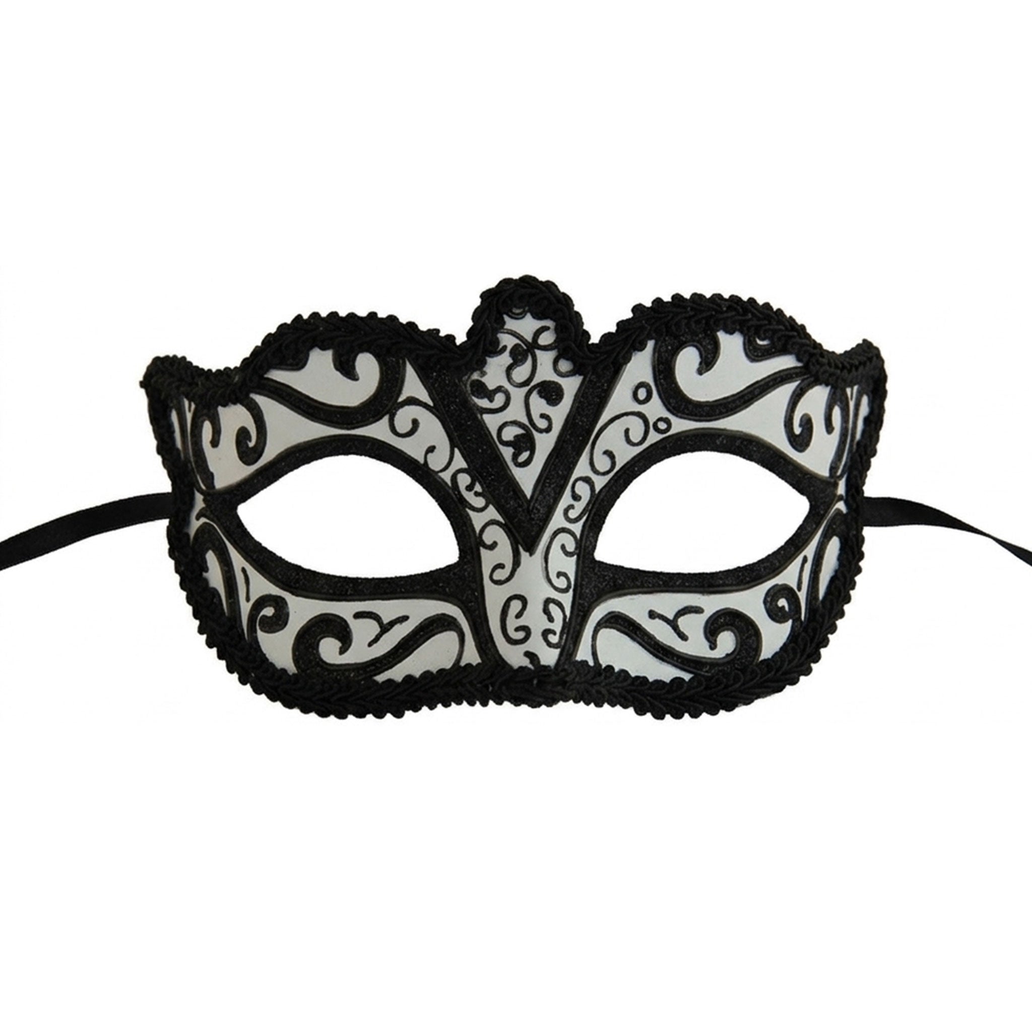 Resin molded-resin elastic glitter accessories masks half-mask venetian scrollwork lightweight elegant dramatic contrast classic mysterious comfort fetish fashion alternative alt-fashion masquerade masquerade-ball party formal costume cosplay halloween unisex reusable black white 