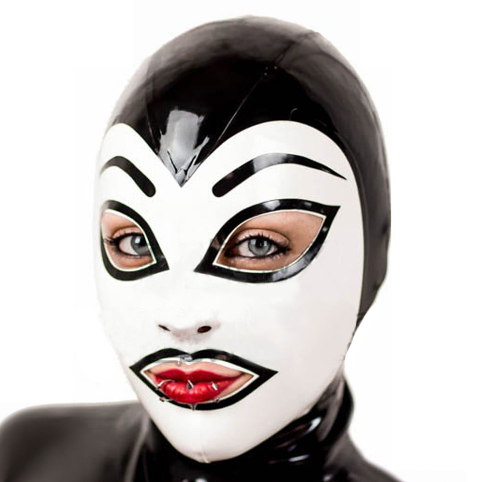 Latex rubber accessories masks hoods latex-hood white face eyebrows raised-eyebrows surprised-eyebrows zipper back-zip hair-protector anatomical durable comfortable fetish fashion alt-fashion fetishwear bondage bdsm bdsm-gear bdsm-toys kink kinky kinky-play kinkwear costume cosplay halloween halloween-accessories halloween-latex unisex black white
