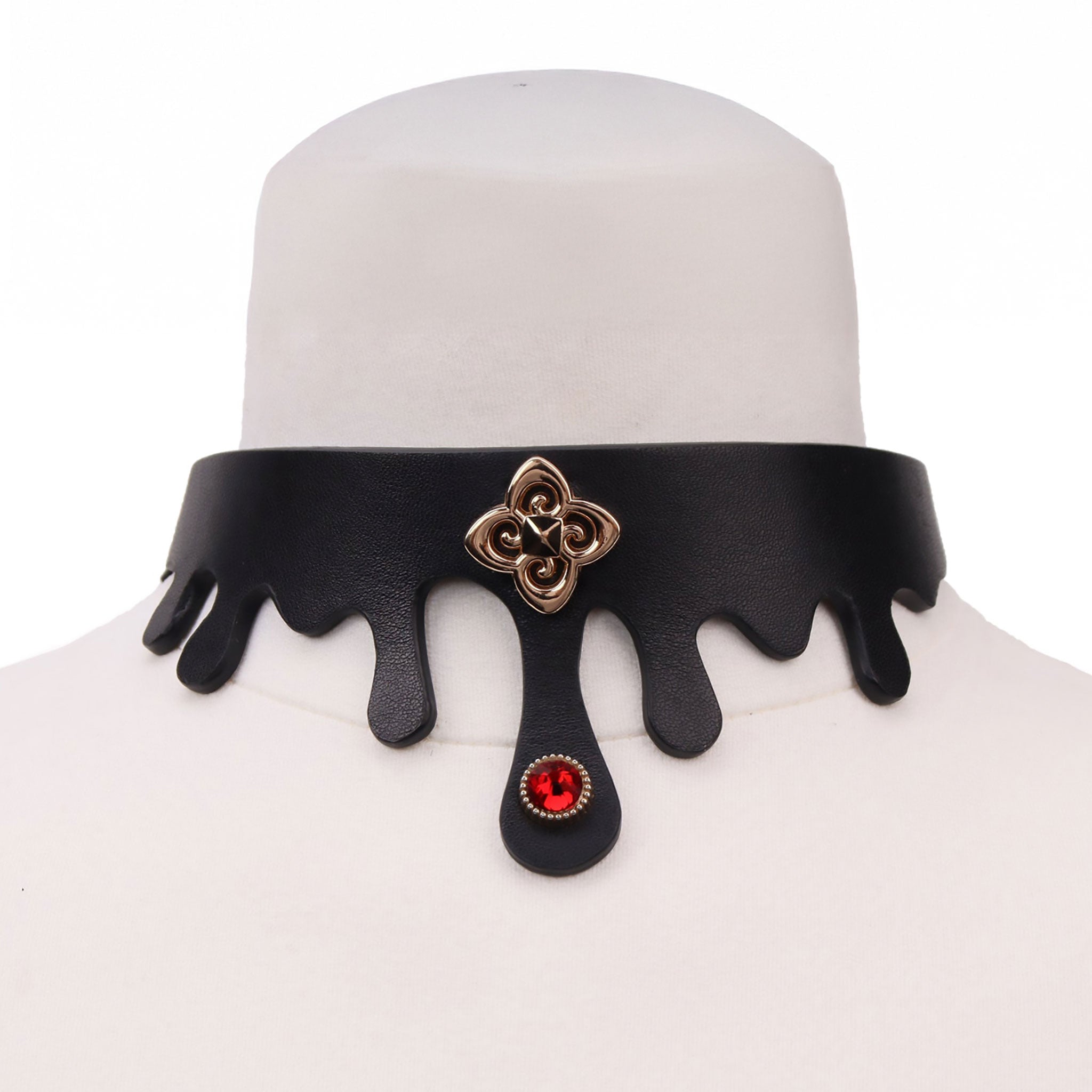 Leather vegan-leather faux-leather PU-leather rose-gold diecut die-cut collar choker adjustable buckle heavy-duty elvira sexy alluring glam glamour glamorous sophisticated sophistication fetish fashion alt-fashion goth gothic bdsm bondage kink kinky kinky-play black red ruby-red gold