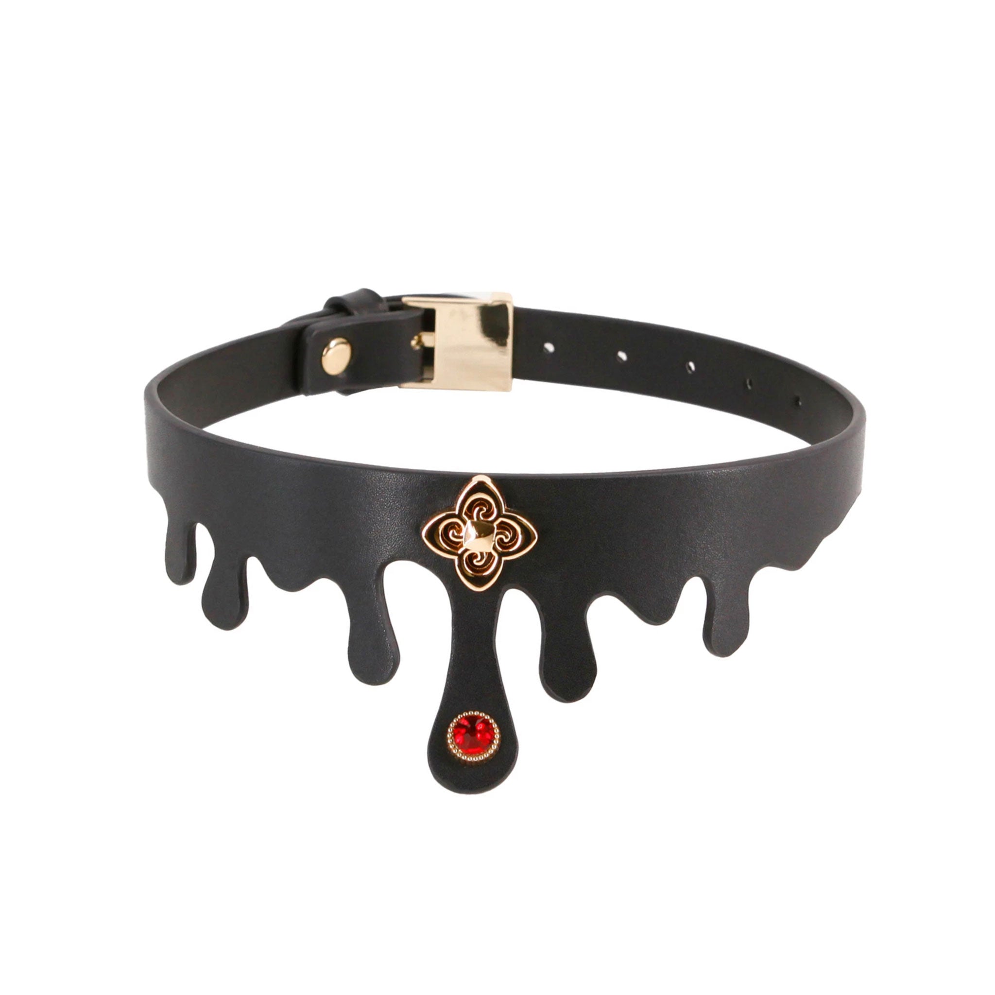 Leather vegan-leather faux-leather PU-leather rose-gold diecut die-cut collar choker adjustable buckle heavy-duty elvira sexy alluring glam glamour glamorous sophisticated sophistication fetish fashion alt-fashion goth gothic bdsm bondage kink kinky kinky-play black red ruby-red gold