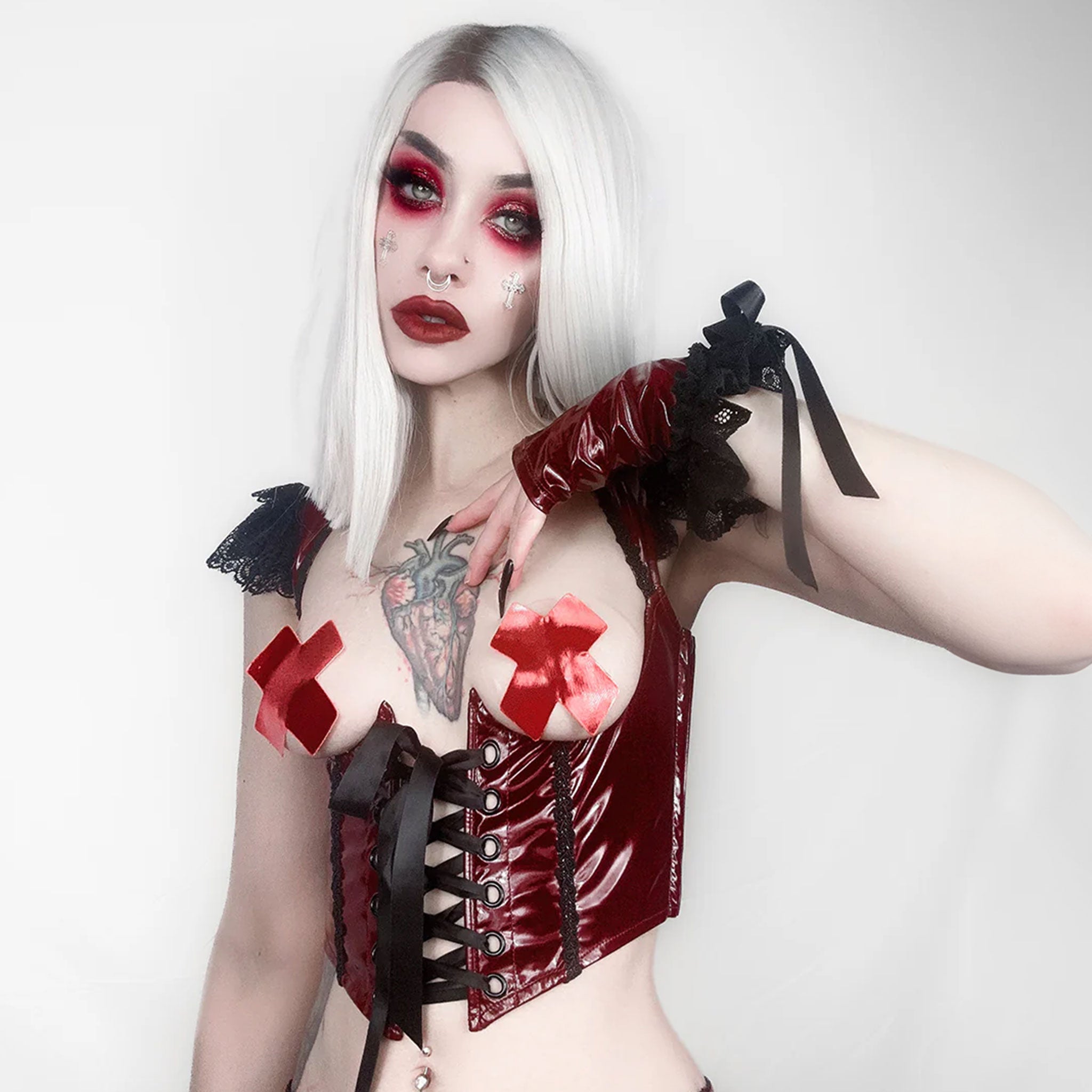 PVC vinyl glossy top vest corset cincher underbust under bust lace lace-up cross applique trim sleeveless underwire steel boning open front red bloodlust dark-red crimson black 