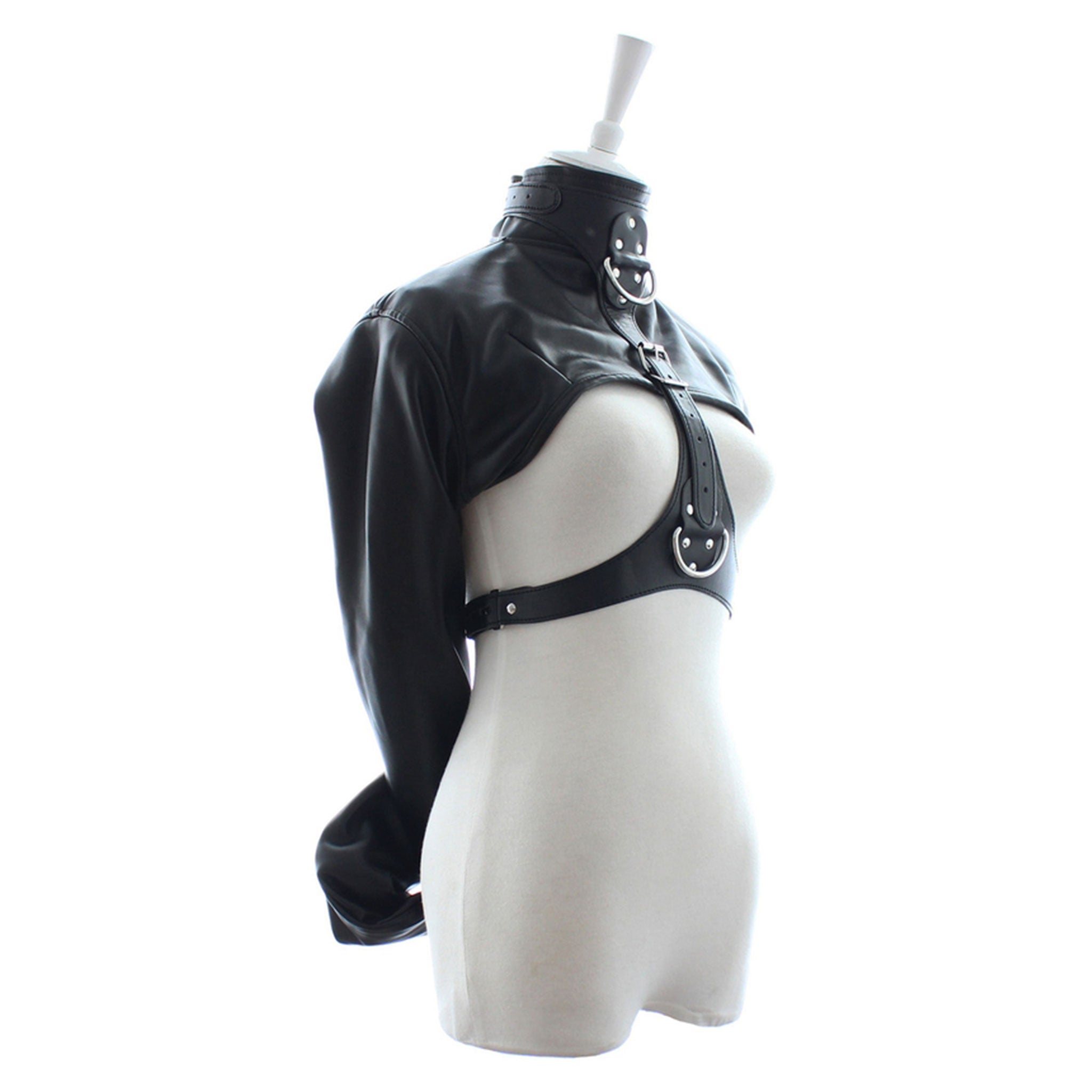 PVC vinyl leather vegan-leather top restraints binder arm-binder jacket straitjacket strait-jacket bolero longsleeve long-sleeve sleeves sleeved D-ring adjustable lockable locking buckle fetish fashion alt-fashion bdsm bdsm-toys bondage restraints costume cosplay halloween unisex black