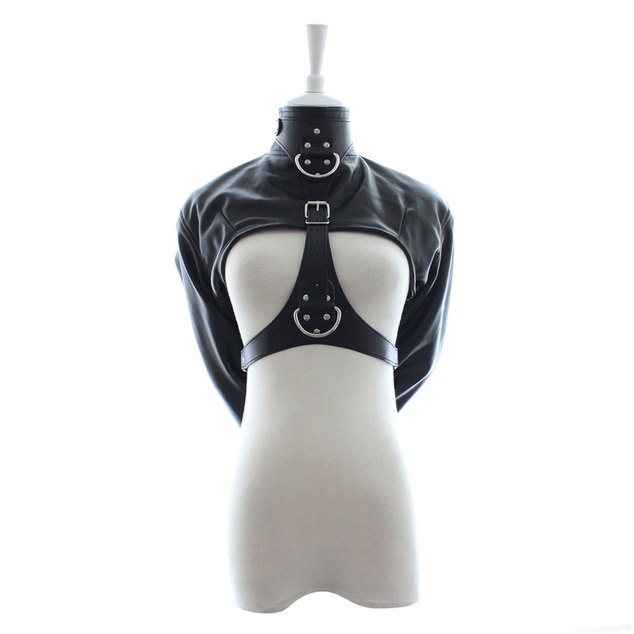 PVC vinyl leather vegan-leather top restraints binder arm-binder jacket straitjacket strait-jacket bolero longsleeve long-sleeve sleeves sleeved D-ring adjustable lockable locking buckle fetish fashion alt-fashion bdsm bdsm-toys bondage restraints costume cosplay halloween unisex black
