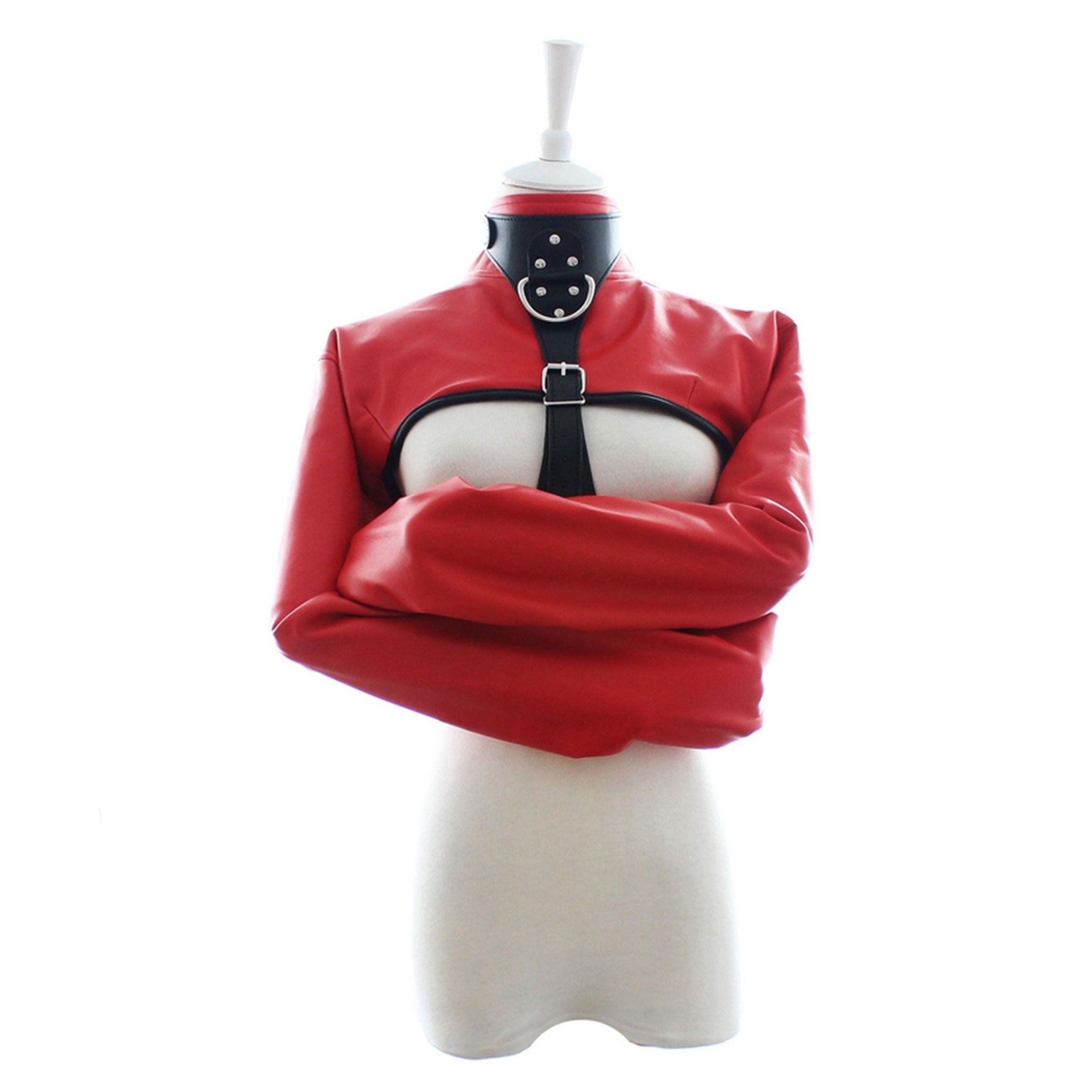 PVC vinyl leather vegan-leather top restraints binder arm-binder jacket straitjacket strait-jacket bolero longsleeve long-sleeve sleeves sleeved D-ring adjustable lockable locking buckle fetish fashion alt-fashion bdsm bdsm-toys bondage restraints costume cosplay halloween unisex red black