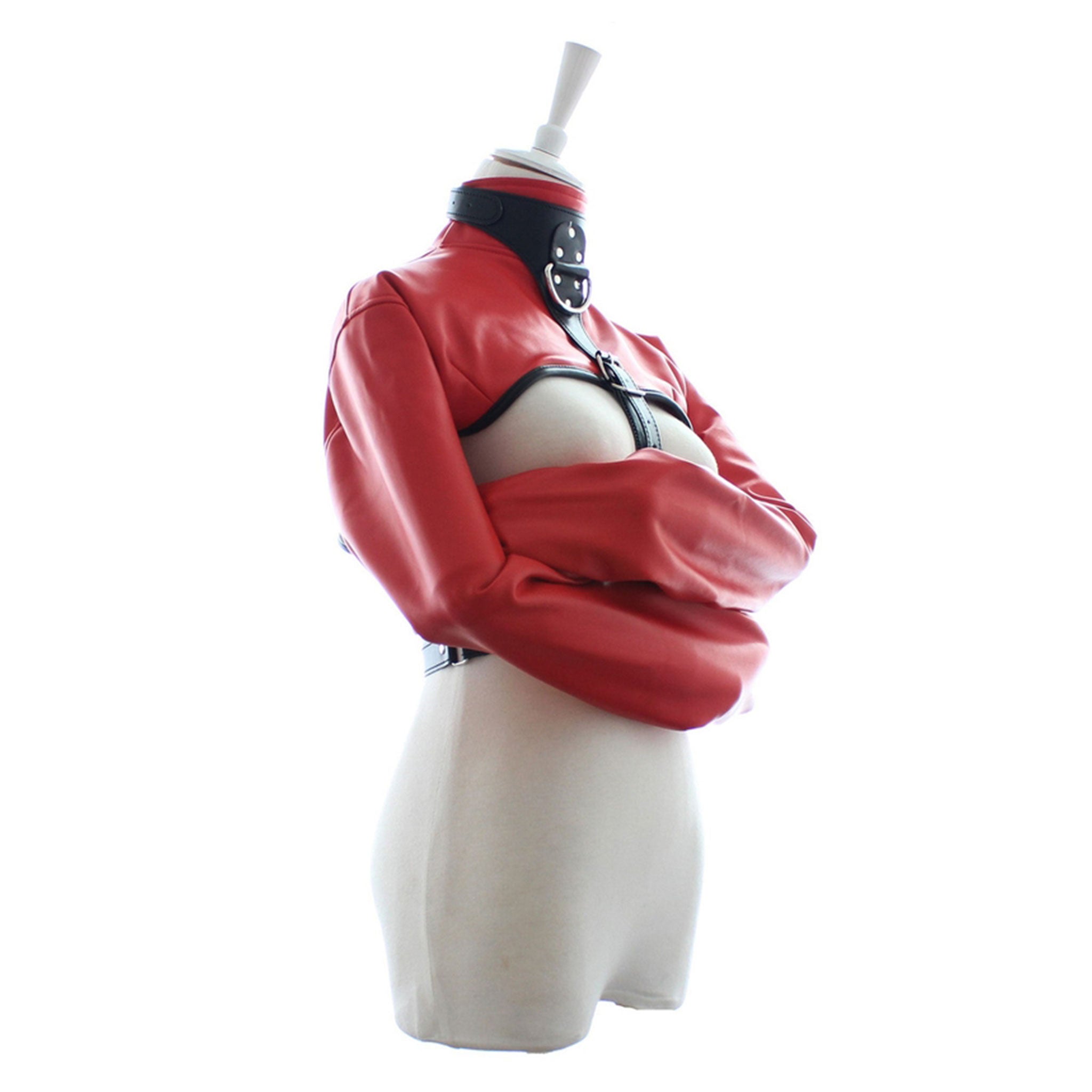 PVC vinyl leather vegan-leather top restraints binder arm-binder jacket straitjacket strait-jacket bolero longsleeve long-sleeve sleeves sleeved D-ring adjustable lockable locking buckle fetish fashion alt-fashion bdsm bdsm-toys bondage restraints costume cosplay halloween unisex red black