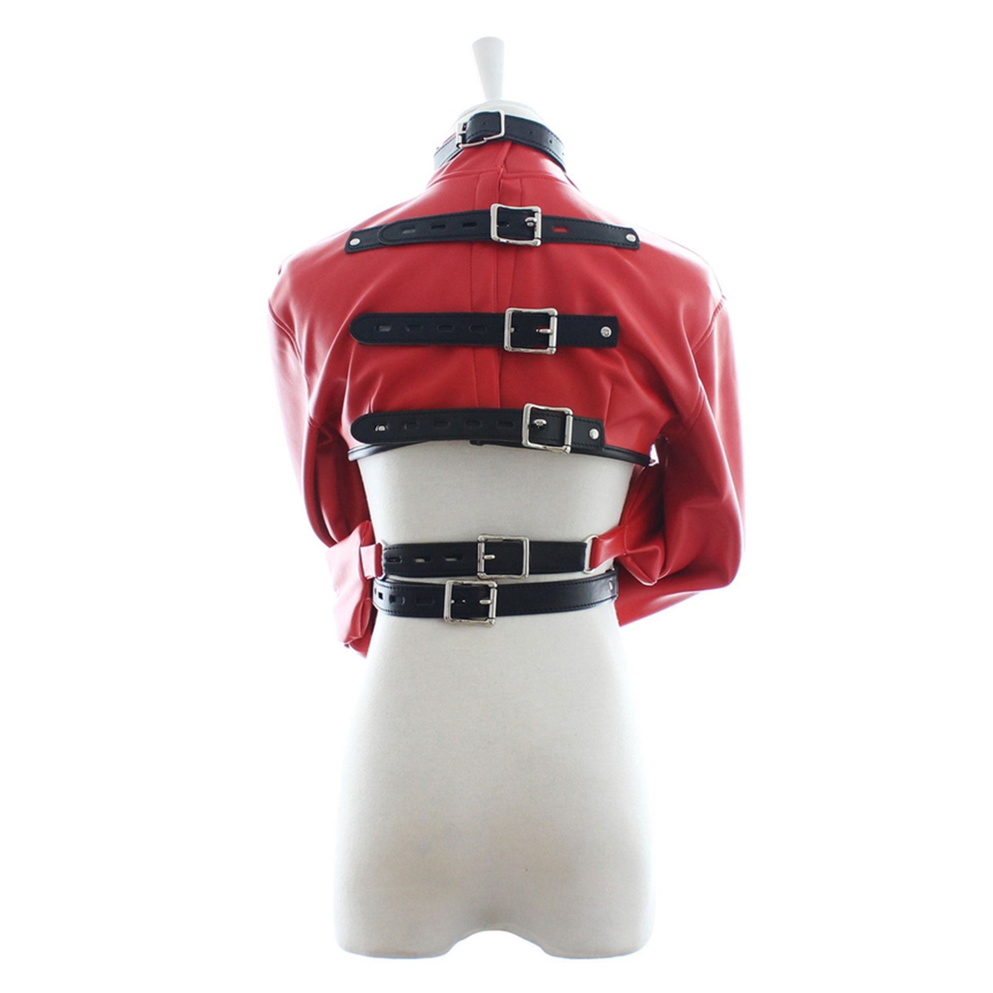 PVC vinyl leather vegan-leather top restraints binder arm-binder jacket straitjacket strait-jacket bolero longsleeve long-sleeve sleeves sleeved D-ring adjustable lockable locking buckle fetish fashion alt-fashion bdsm bdsm-toys bondage restraints costume cosplay halloween unisex red black