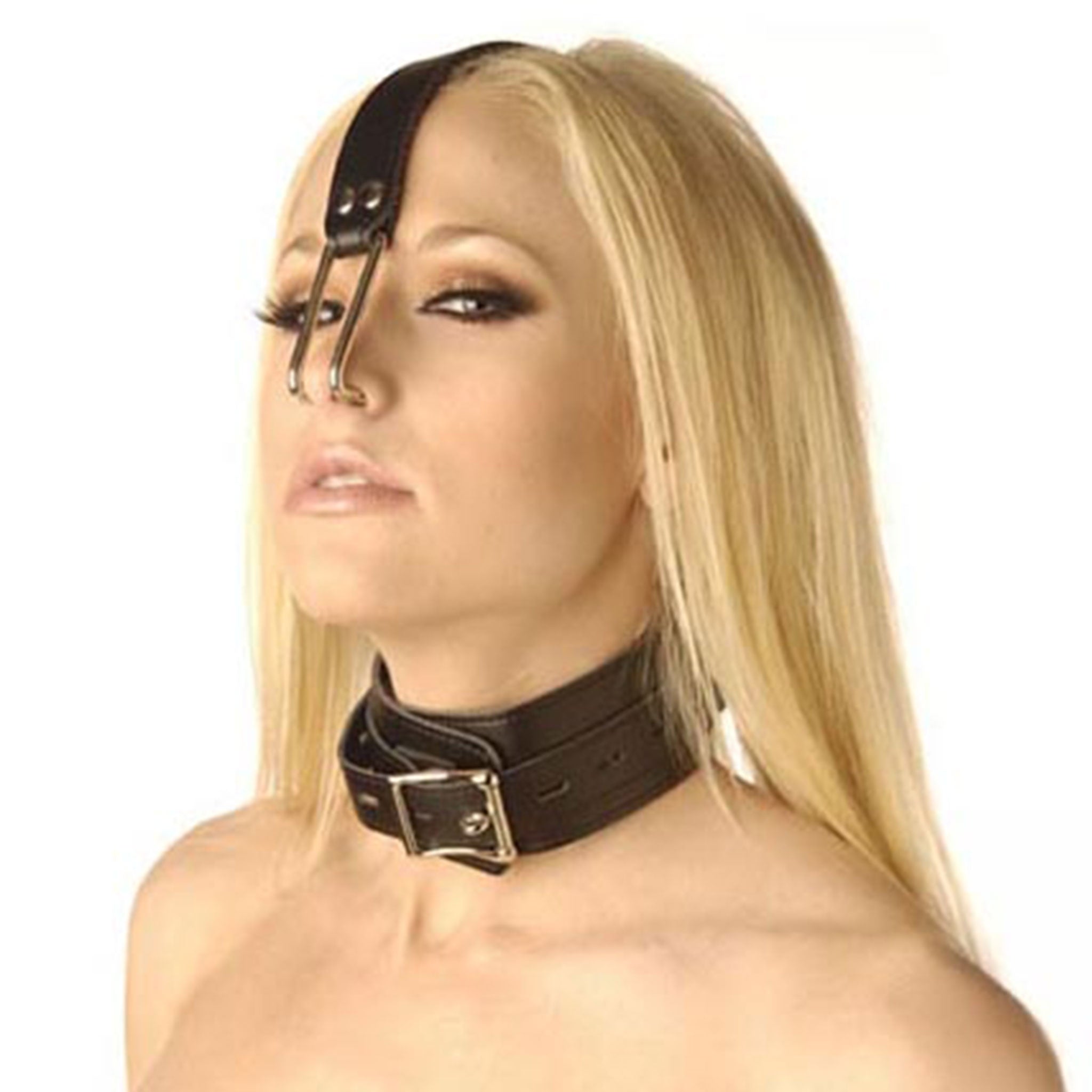Leather faux-leather metallic-hook accessories collar choker nose-hook restraints head-restraint leash lead adjustable-buckle adjustable-length locking lockable piggy squeal control customizable discomfort obedience bondage bdsm bdsm-gear bdsm-play bdsm-toys kink kinky kinky-play medical medical-play sub submissive submission humiliation power-play slave adult-toys black