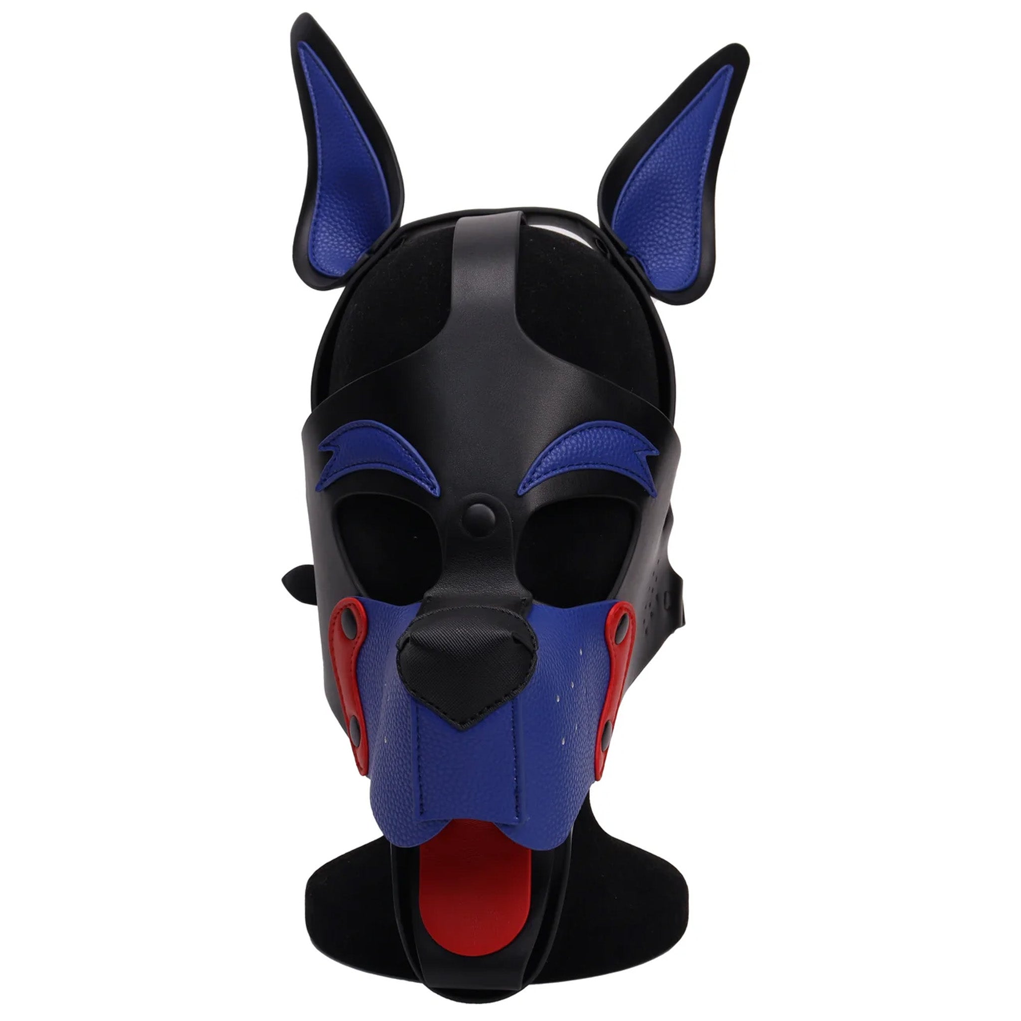 Bondage dog head harness mask, detachable pup play mask, two-tone BDSM dog mask, adjustable leather puppy hood, fetish pet play gear.