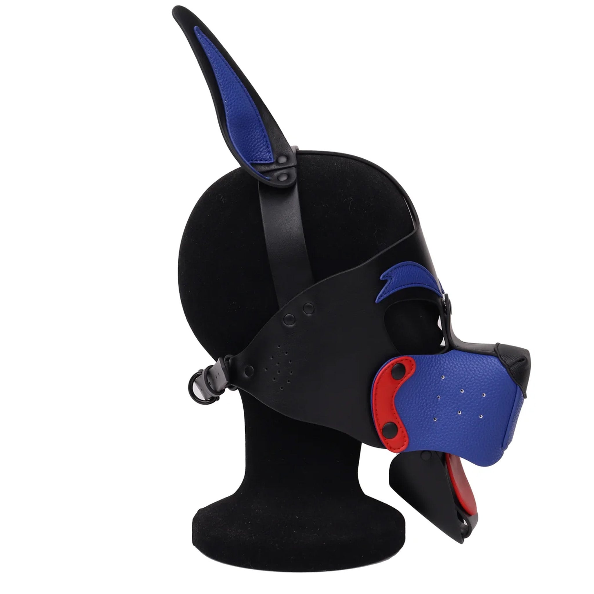 Bondage dog head harness mask, detachable pup play mask, two-tone BDSM dog mask, adjustable leather puppy hood, fetish pet play gear.