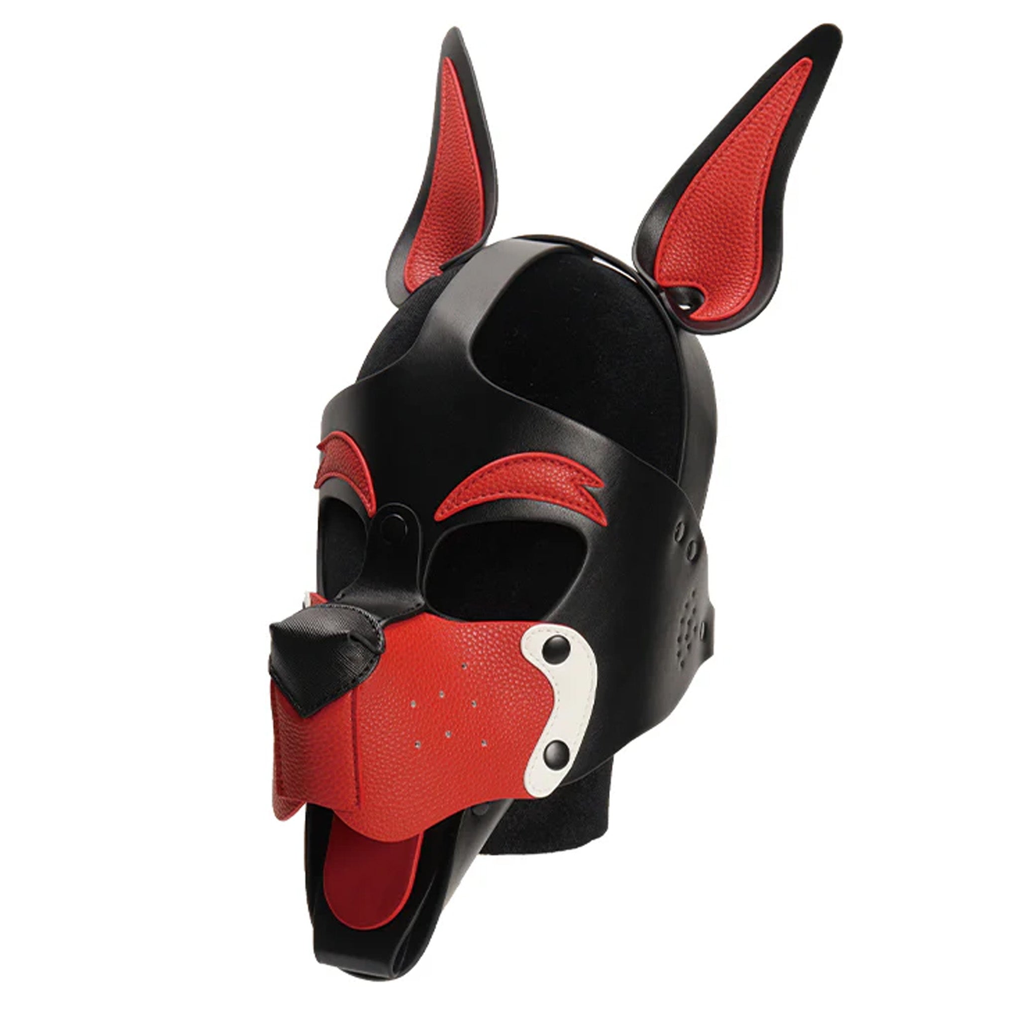 Bondage dog head harness mask, detachable pup play mask, two-tone BDSM dog mask, adjustable leather puppy hood, fetish pet play gear.