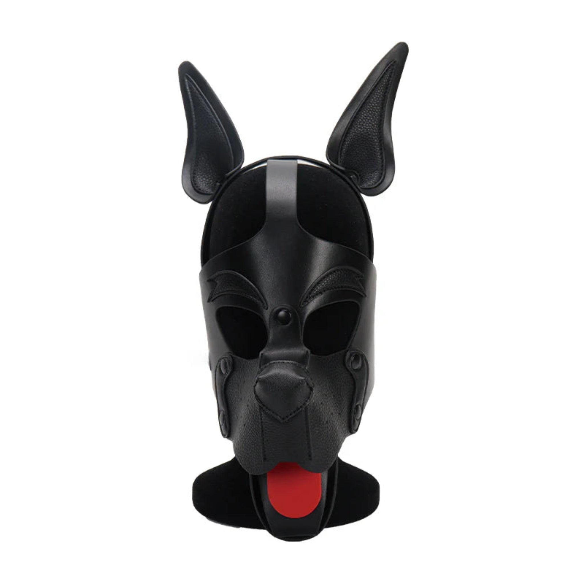 Bondage dog head harness mask, detachable pup play mask, two-tone BDSM dog mask, adjustable leather puppy hood, fetish pet play gear.