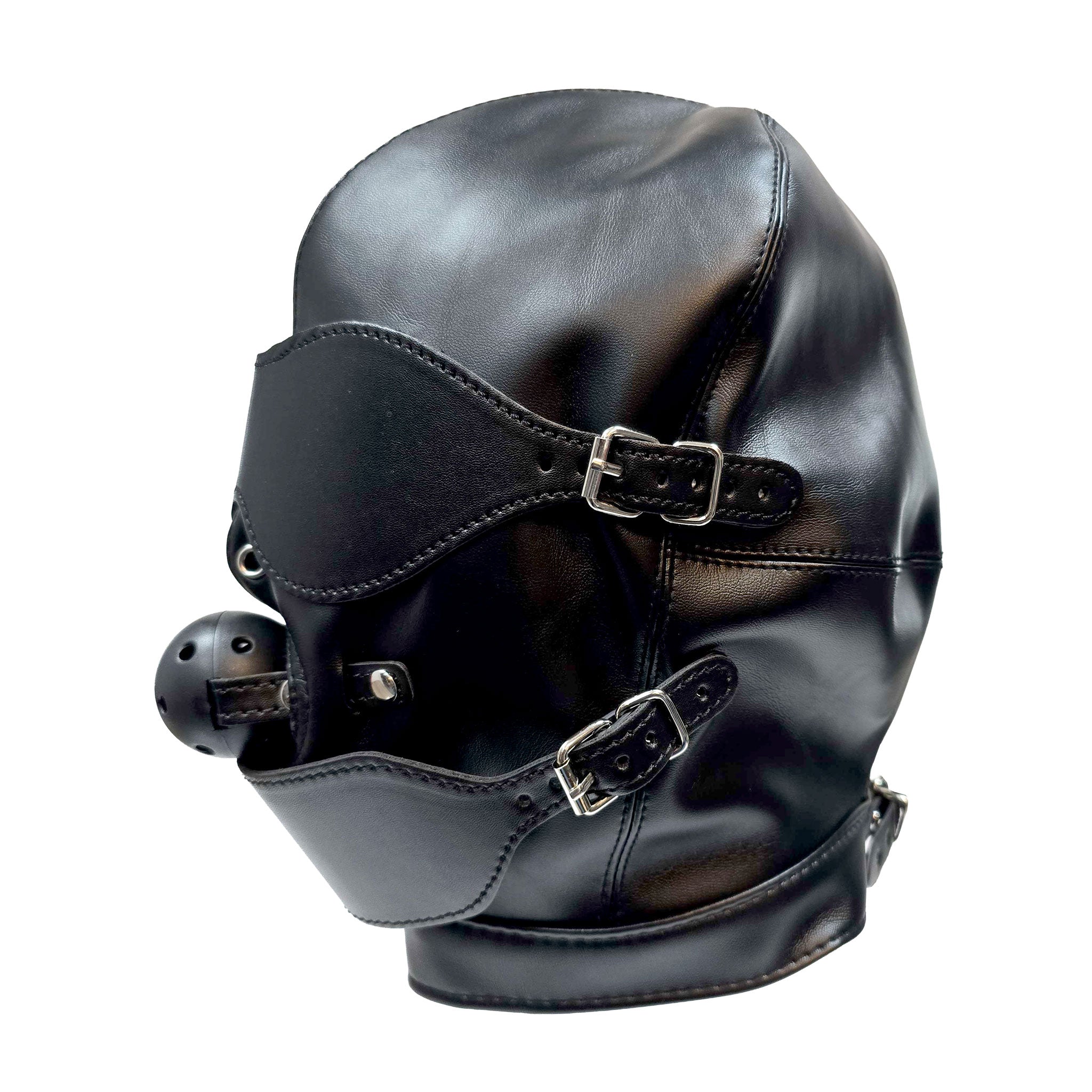 Leather faux-leather matte-finish accessories mask hood bondage-hood gimp-mask anatomical detachable eye-mask blindfold mouth-cover gag ball-gag breathable optional fully-detachable lace-up lace-back back-closure hair-shield adjustable buckle side-buckle lightweight light-weight snap-button press-studs fetish fashion alt-fashion bondage bdsm bdsm-play bdsm-gear bdsm-toys restraint kink kinky kinky-play sensory sensory-play sensory-deprivation exploration unisex black