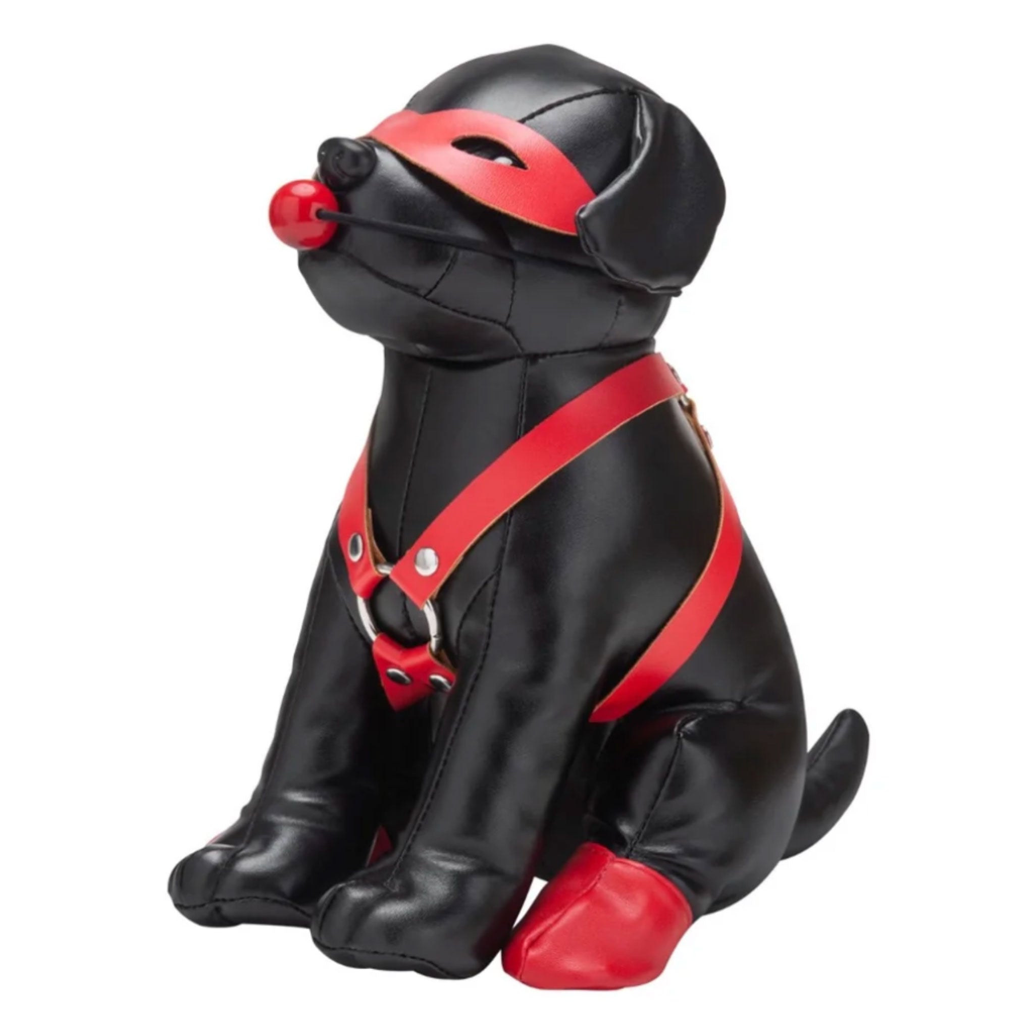 Stuffed animal faux leather pup puppy bandit booted mask harness gag rubber ball ball-gag eye-mask bondage bdsm lifestyle gifts play accessories gear black red