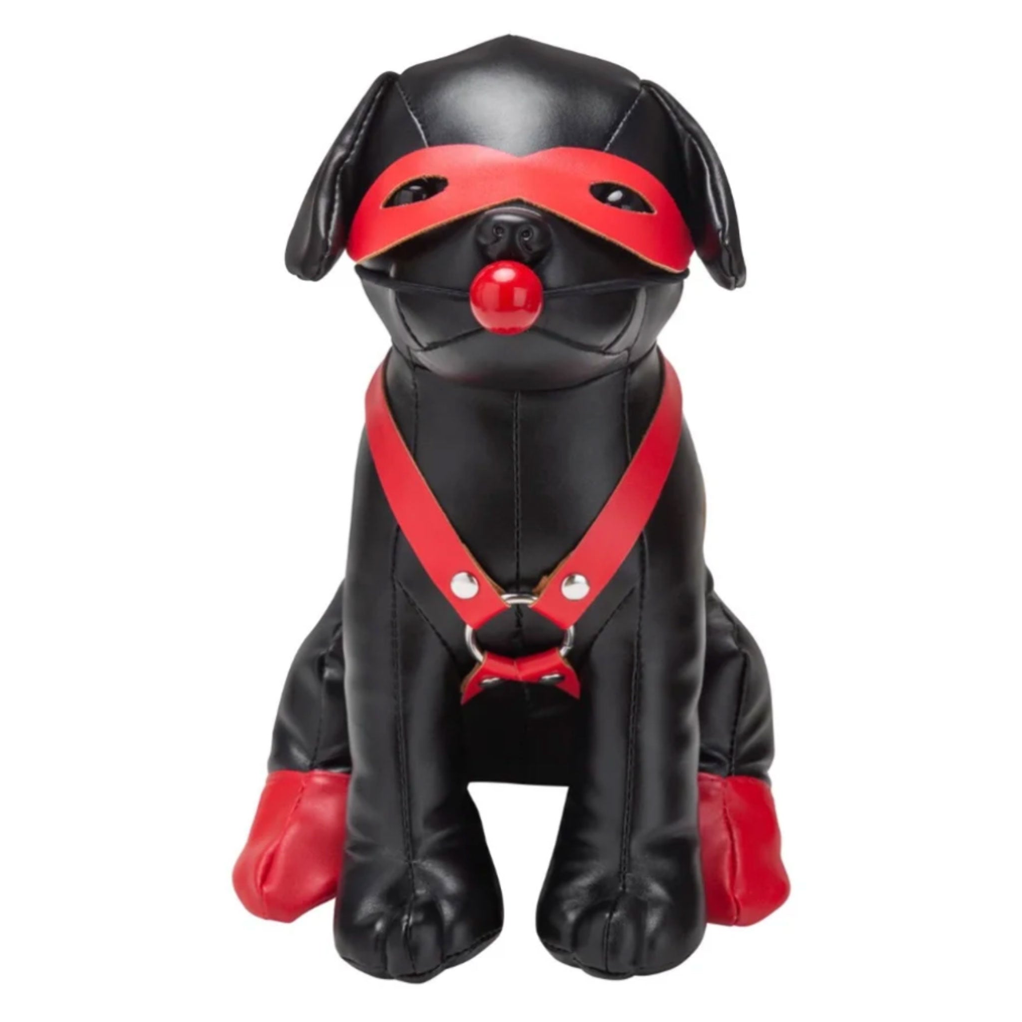 Stuffed animal faux leather pup puppy bandit booted mask harness gag rubber ball ball-gag eye-mask bondage bdsm lifestyle gifts play accessories gear black red