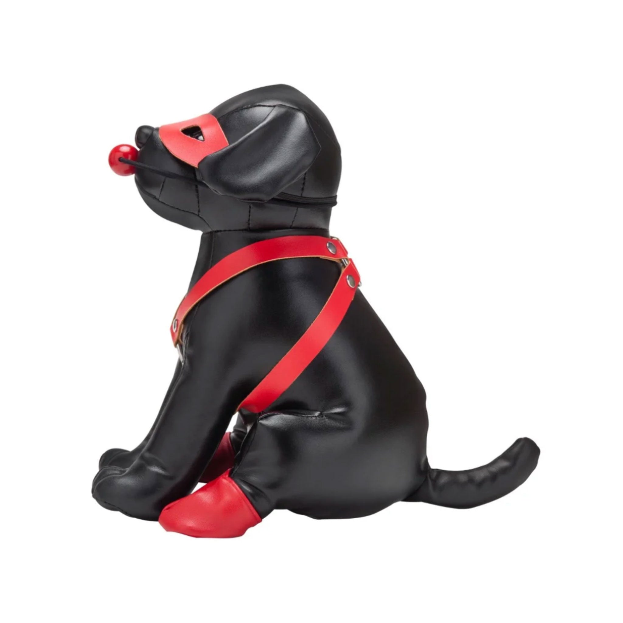 Stuffed animal faux leather pup puppy bandit booted mask harness gag rubber ball ball-gag eye-mask bondage bdsm lifestyle gifts play accessories gear black red