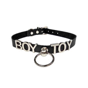 Leather genuine-leather stainless-steel accessories collar choker statement letters id-letters sliding adjustable buckle knocker-post O-ring fetish fashion alt-fashion bondage bdsm submissive sub unisex black silver boy-toy