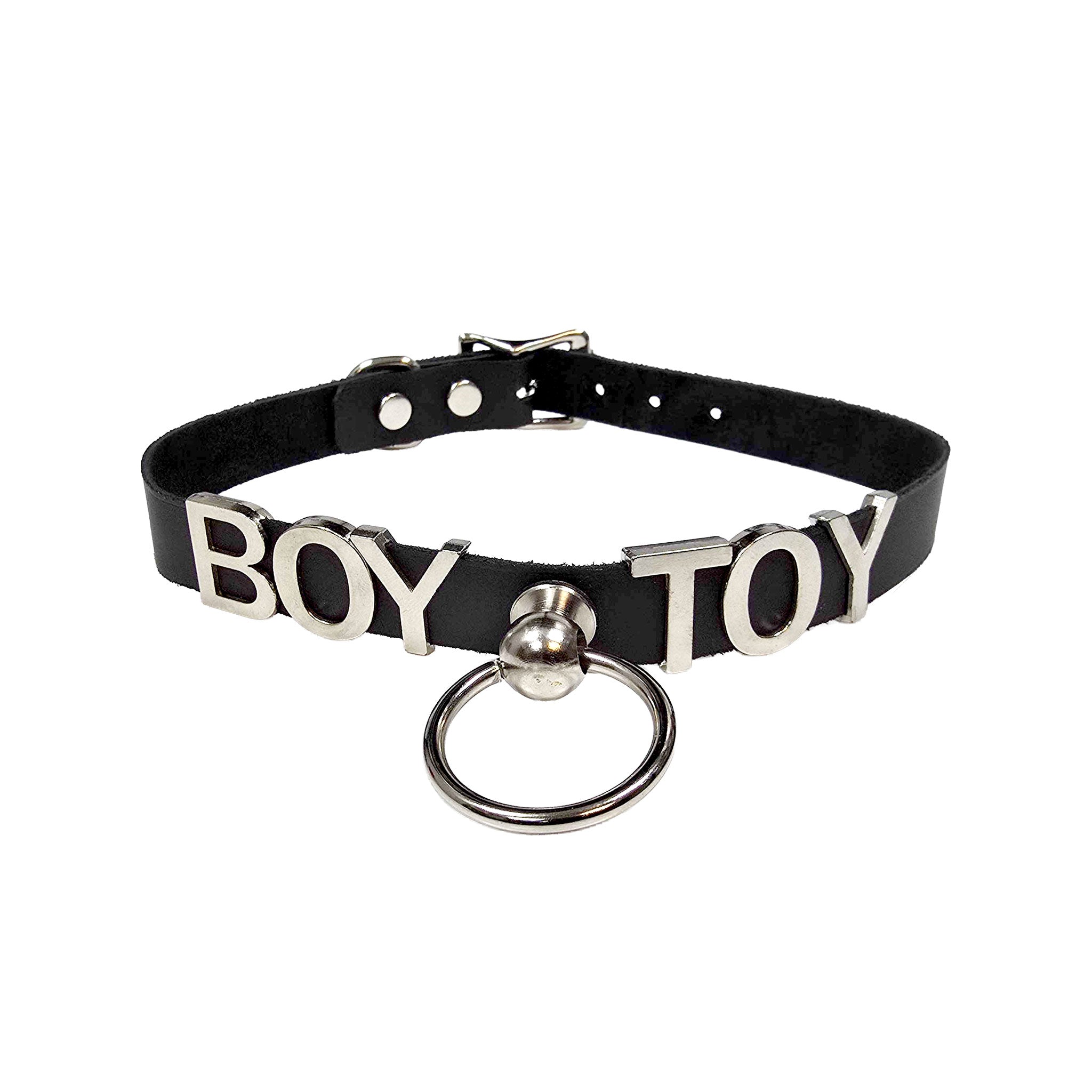 Leather genuine-leather stainless-steel accessories collar choker statement letters id-letters sliding adjustable buckle knocker-post O-ring fetish fashion alt-fashion bondage bdsm submissive sub unisex black silver boy-toy