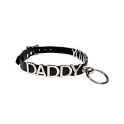 Leather genuine-leather stainless-steel accessories collar choker statement letters id-letters sliding adjustable buckle knocker-post O-ring fetish fashion alt-fashion bondage bdsm submissive sub unisex black silver daddy