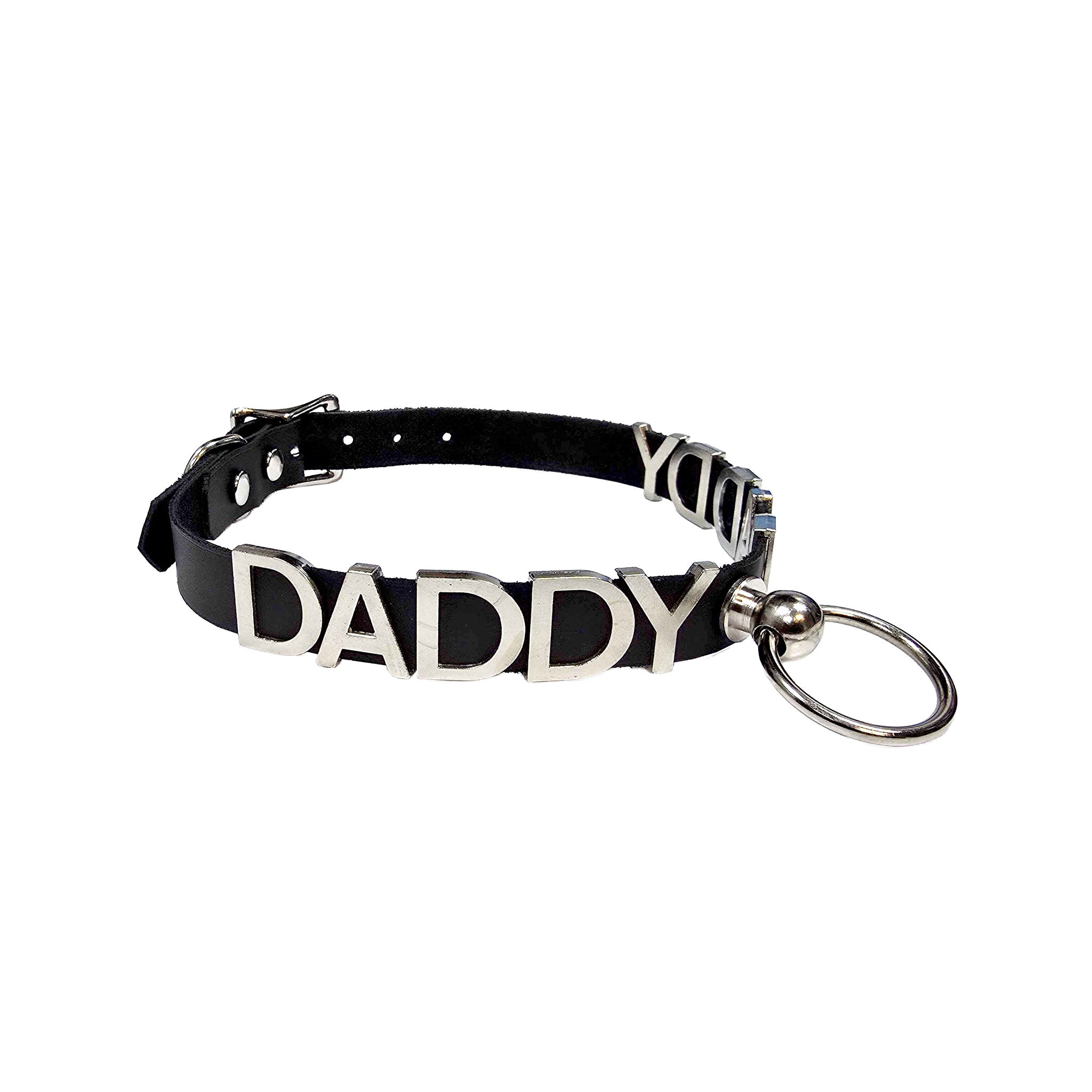 Leather genuine-leather stainless-steel accessories collar choker statement letters id-letters sliding adjustable buckle knocker-post O-ring fetish fashion alt-fashion bondage bdsm submissive sub unisex black silver daddy