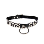 Leather genuine-leather stainless-steel accessories collar choker statement letters id-letters sliding adjustable buckle knocker-post O-ring fetish fashion alt-fashion bondage bdsm submissive sub unisex black silver daddy's-girl