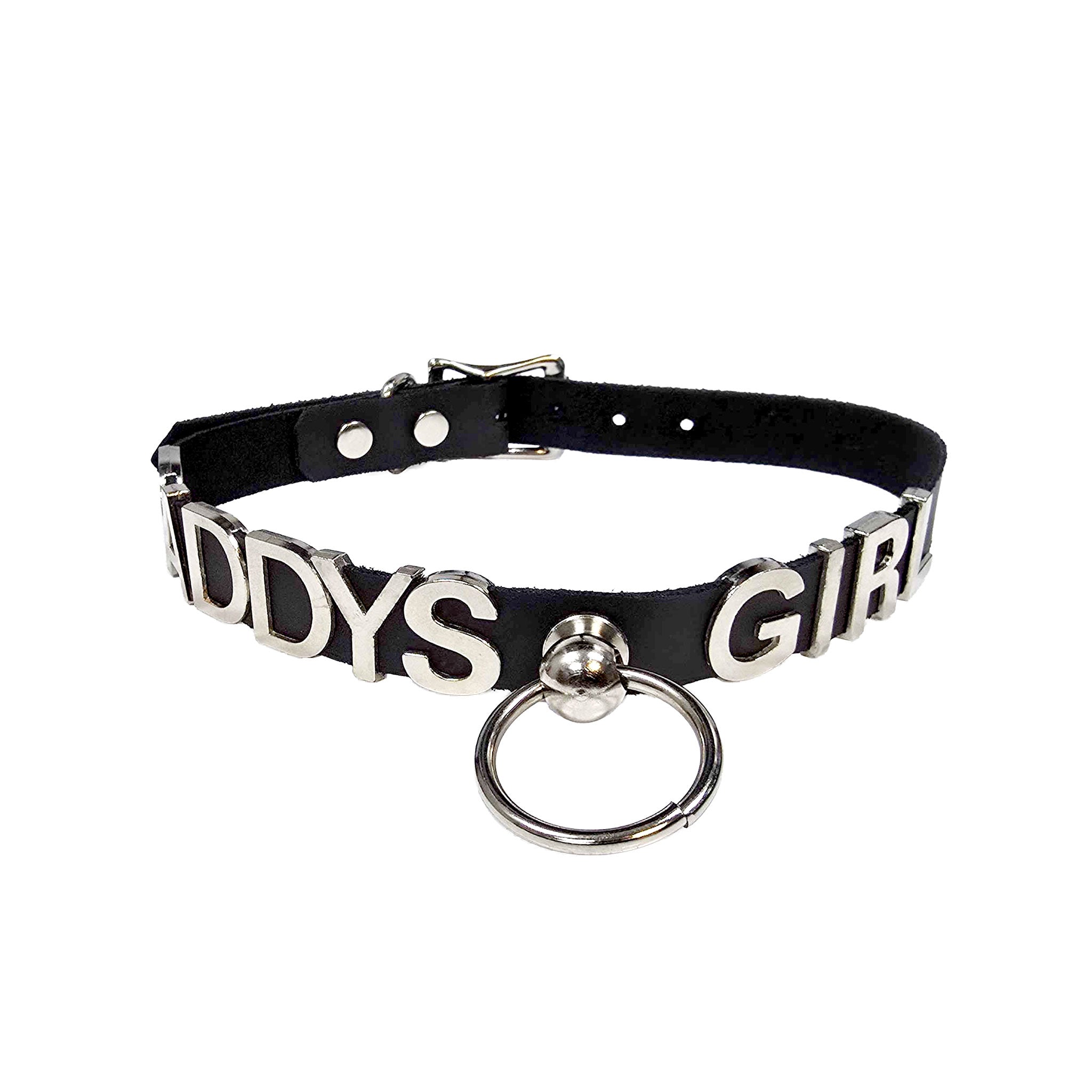 Leather genuine-leather stainless-steel accessories collar choker statement letters id-letters sliding adjustable buckle knocker-post O-ring fetish fashion alt-fashion bondage bdsm submissive sub unisex black silver daddy's-girl