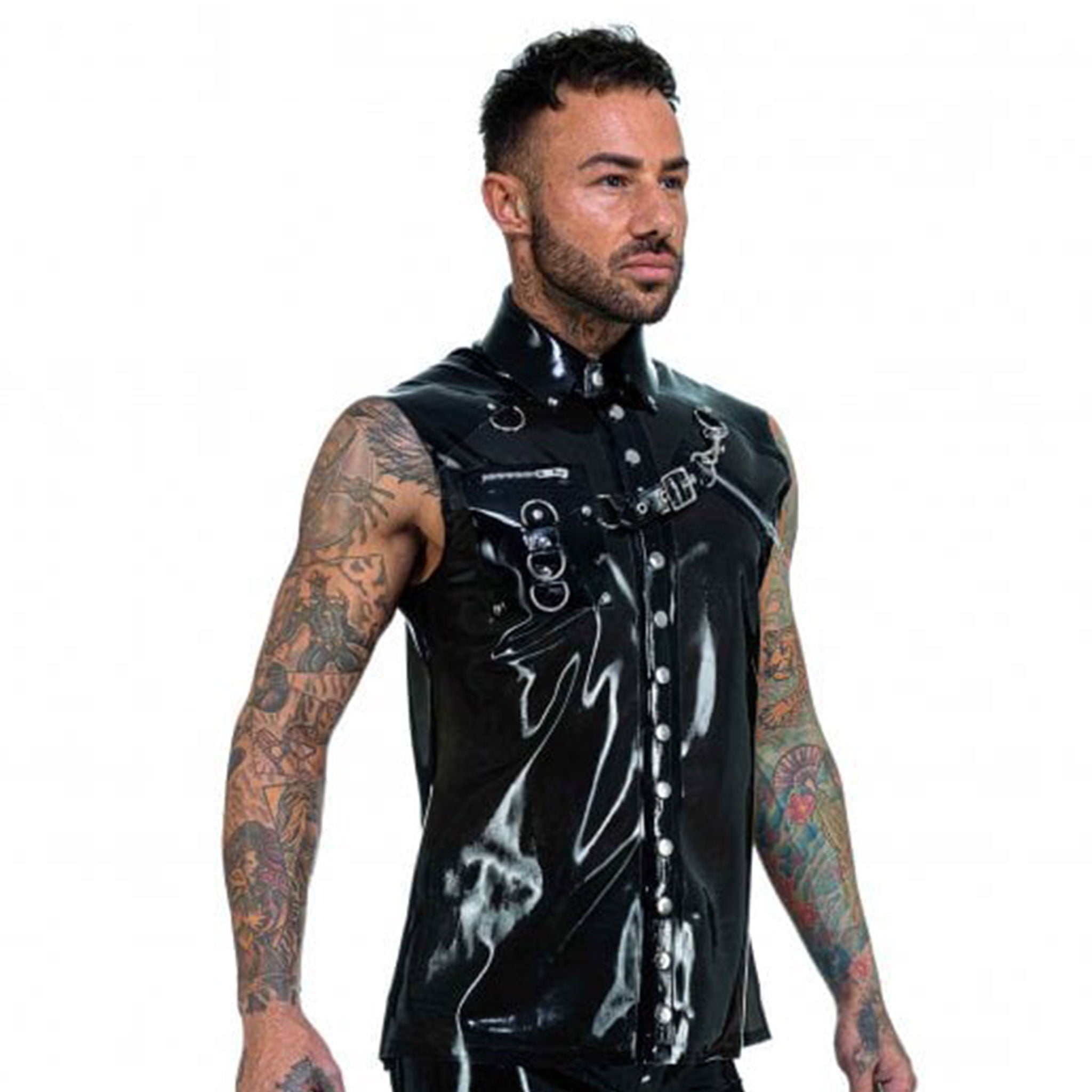 Latex rubber top shirt sleeveless collared folded-collar button-up button-down press-stud snap-button zipper-detail D-ring detachable adjustable strap shiny glossy fetish fashion alt-fashion club clubwear bondage bdsm bdsm-fashion bondage-style lobster-clasp male masculine masc mens menswear guys dudes black