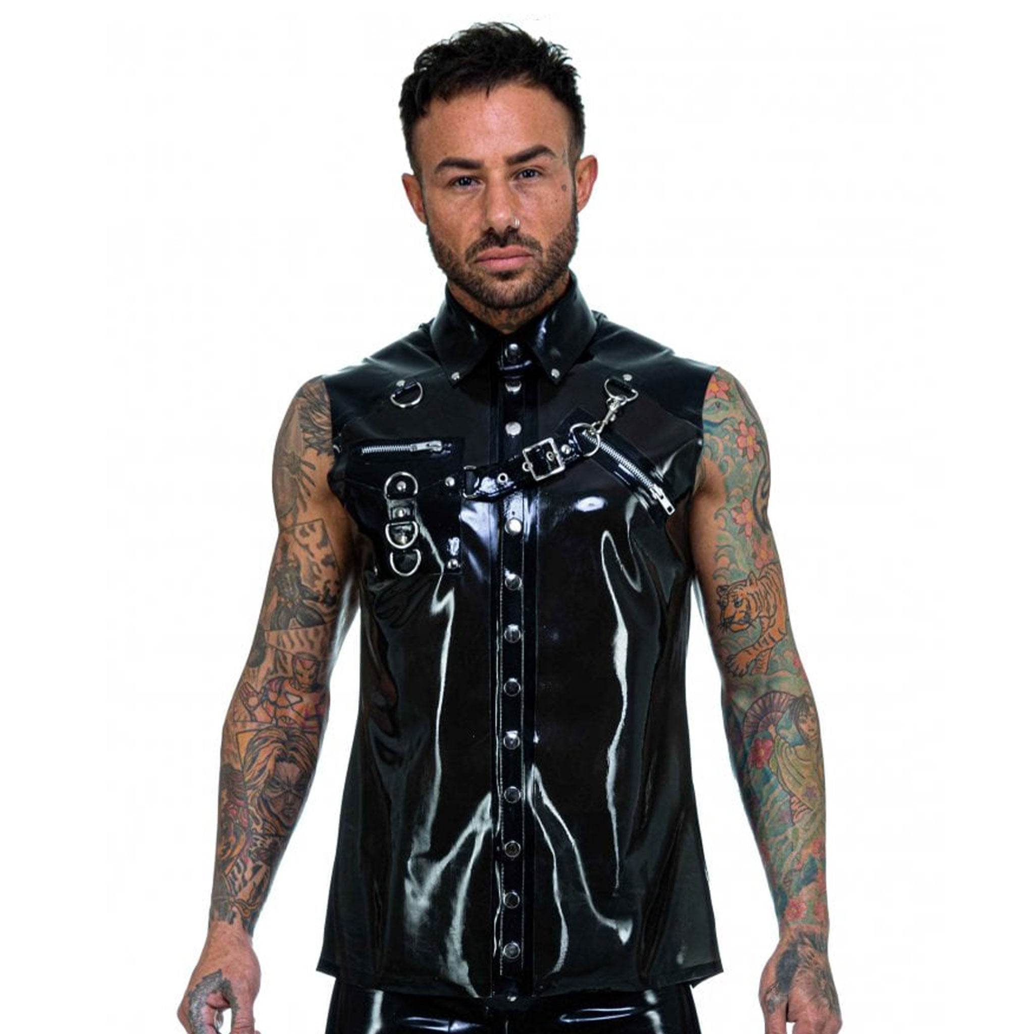 Latex rubber top shirt sleeveless collared folded-collar button-up button-down press-stud snap-button zipper-detail D-ring detachable adjustable strap shiny glossy fetish fashion alt-fashion club clubwear bondage bdsm bdsm-fashion bondage-style lobster-clasp male masculine masc mens menswear guys dudes black