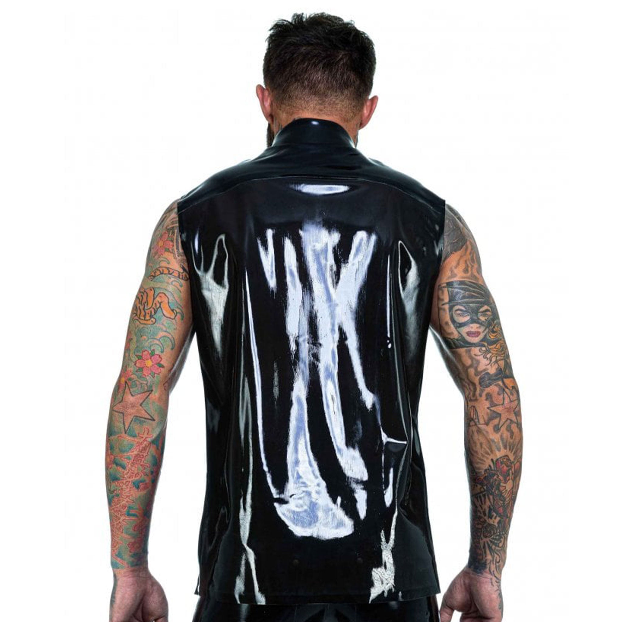 Latex rubber top shirt sleeveless collared folded-collar button-up button-down press-stud snap-button zipper-detail D-ring detachable adjustable strap shiny glossy fetish fashion alt-fashion club clubwear bondage bdsm bdsm-fashion bondage-style lobster-clasp male masculine masc mens menswear guys dudes black