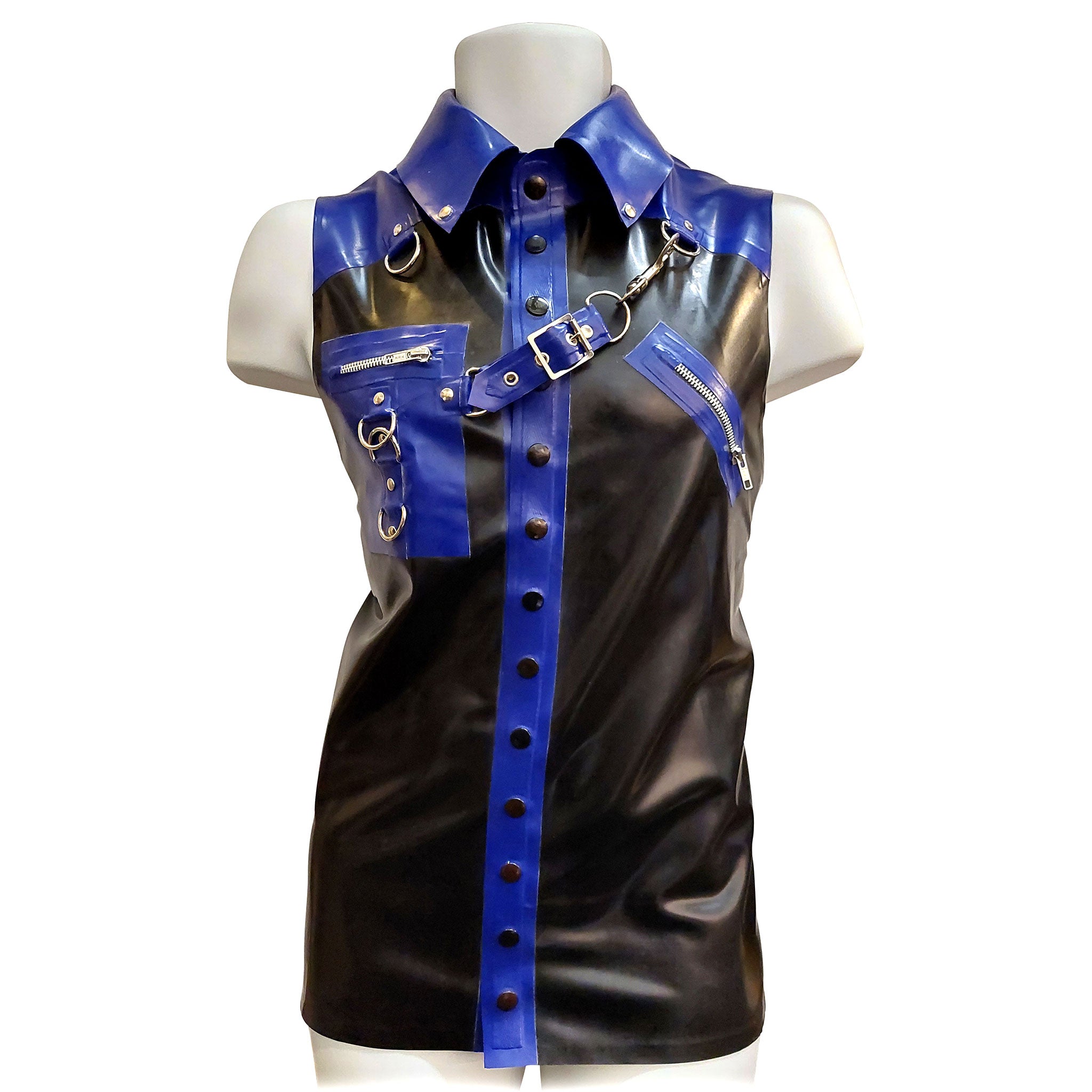 Latex rubber top shirt sleeveless collared folded-collar button-up button-down press-stud snap-button zipper-detail D-ring detachable adjustable strap shiny glossy fetish fashion alt-fashion club clubwear bondage bdsm bdsm-fashion bondage-style lobster-clasp male masculine masc mens menswear guys dudes black blue royal-blue
