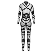 Tulle flocking flocked-tulle mesh sheer semi-sheer transparent velvet bodysuit body-suit catsuit cat-suit longsleeve long-sleeve sleeves sleeved high-collar full-zip 3-way 3way three-way zipper strappy seduction sensual sexy soft teasing empowering alluring intriguing versatile flattering stretchy streamlined kink kinky kinky-wear bdsm bondage bondage-style bondage-inspired shibari shibari-inspired kinbaku rope rope-work rope-play rope-design tied-up female femme feminine womens black