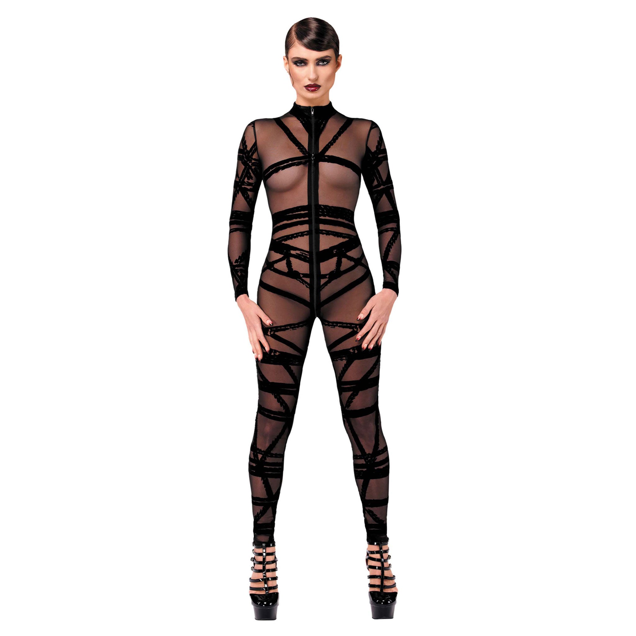 Tulle flocking flocked-tulle mesh sheer semi-sheer transparent velvet bodysuit body-suit catsuit cat-suit longsleeve long-sleeve sleeves sleeved high-collar full-zip 3-way 3way three-way zipper strappy seduction sensual sexy soft teasing empowering alluring intriguing versatile flattering stretchy streamlined kink kinky kinky-wear bdsm bondage bondage-style bondage-inspired shibari shibari-inspired kinbaku rope rope-work rope-play rope-design tied-up female femme feminine womens black
