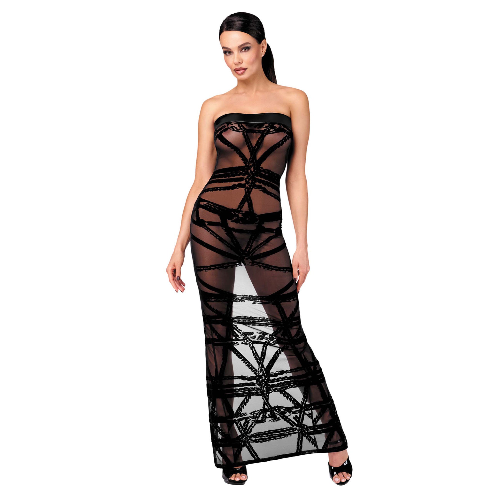 Mesh tulle semi-sheer sheer transparent power-wetlook wetlook-trim flocking velvet-flocking velvet dress maxidress maxi-dress gown long floor-length sleeveless strapless tube back-vent delicate soft seductive sensual sexy comfortable revealing intricate intriguing flattering alluring sleek elegant daring fetish fashion alt-fashion kink kinky kinky-gear bdsm bondage bondage-style rope rope-play rope-work shibari shibari-inspired kinbaku female femme feminine womens black