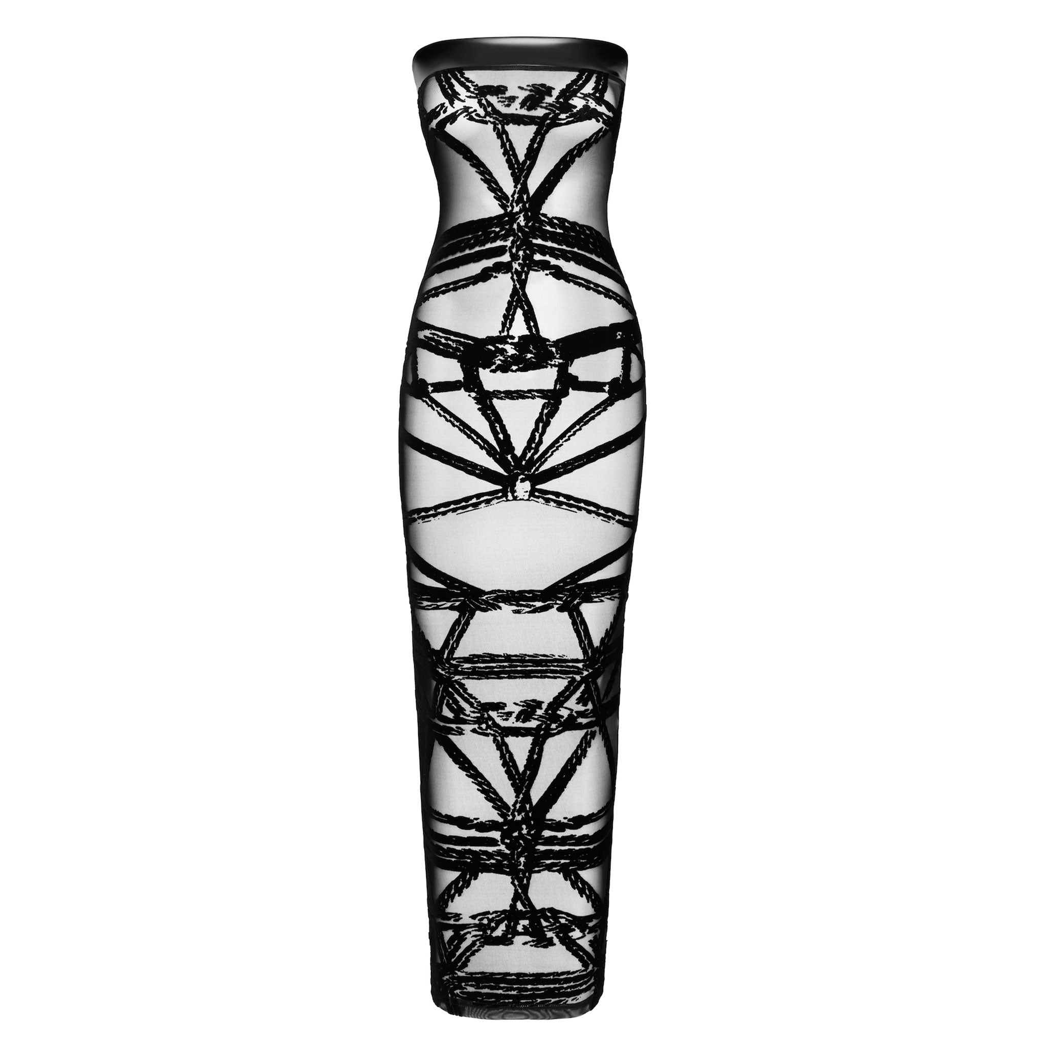 Mesh tulle semi-sheer sheer transparent power-wetlook wetlook-trim flocking velvet-flocking velvet dress maxidress maxi-dress gown long floor-length sleeveless strapless tube back-vent delicate soft seductive sensual sexy comfortable revealing intricate intriguing flattering alluring sleek elegant daring fetish fashion alt-fashion kink kinky kinky-gear bdsm bondage bondage-style rope rope-play rope-work shibari shibari-inspired kinbaku female femme feminine womens black