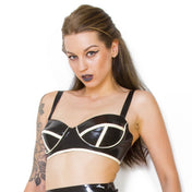 Latex rubber intimates lingerie bra adjustable shoulder-straps thick-trim press-stud snap-button back-closure shiny glossy fetish fashion alt-fashion bdsm bdsm-inspired female femme feminine women black white