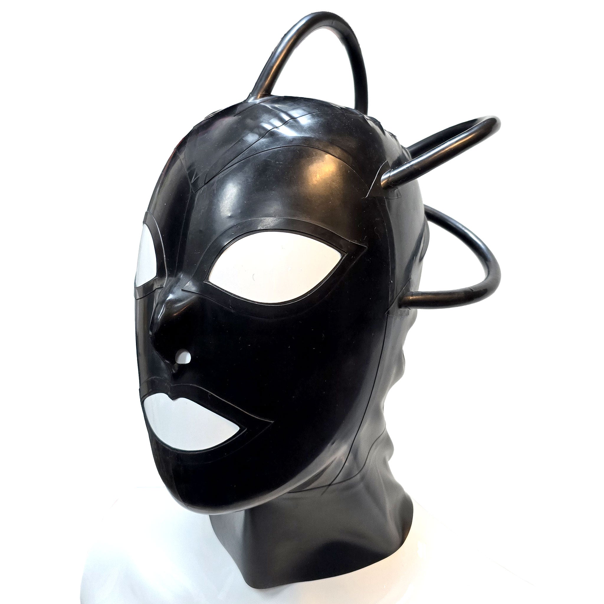 Latex rubber accessories mask hood latex-hood full-face anatomical rubber-tube hollow-crown cranial-tube arrowhead-base zipper back-zip hair-shield arching arcing shiny glossy form-fitting sexy scary mysterious fetish fashion alt-fashion alternative punk goth gothic cyber cyberpunk festival bondage bdsm bdsm-gead bdsm-toys kink kinky kinkwear roleplay role-play cyborg robot alien borg borg-queen star-trek sci-fi science-fiction costume cosplay halloween unisex black